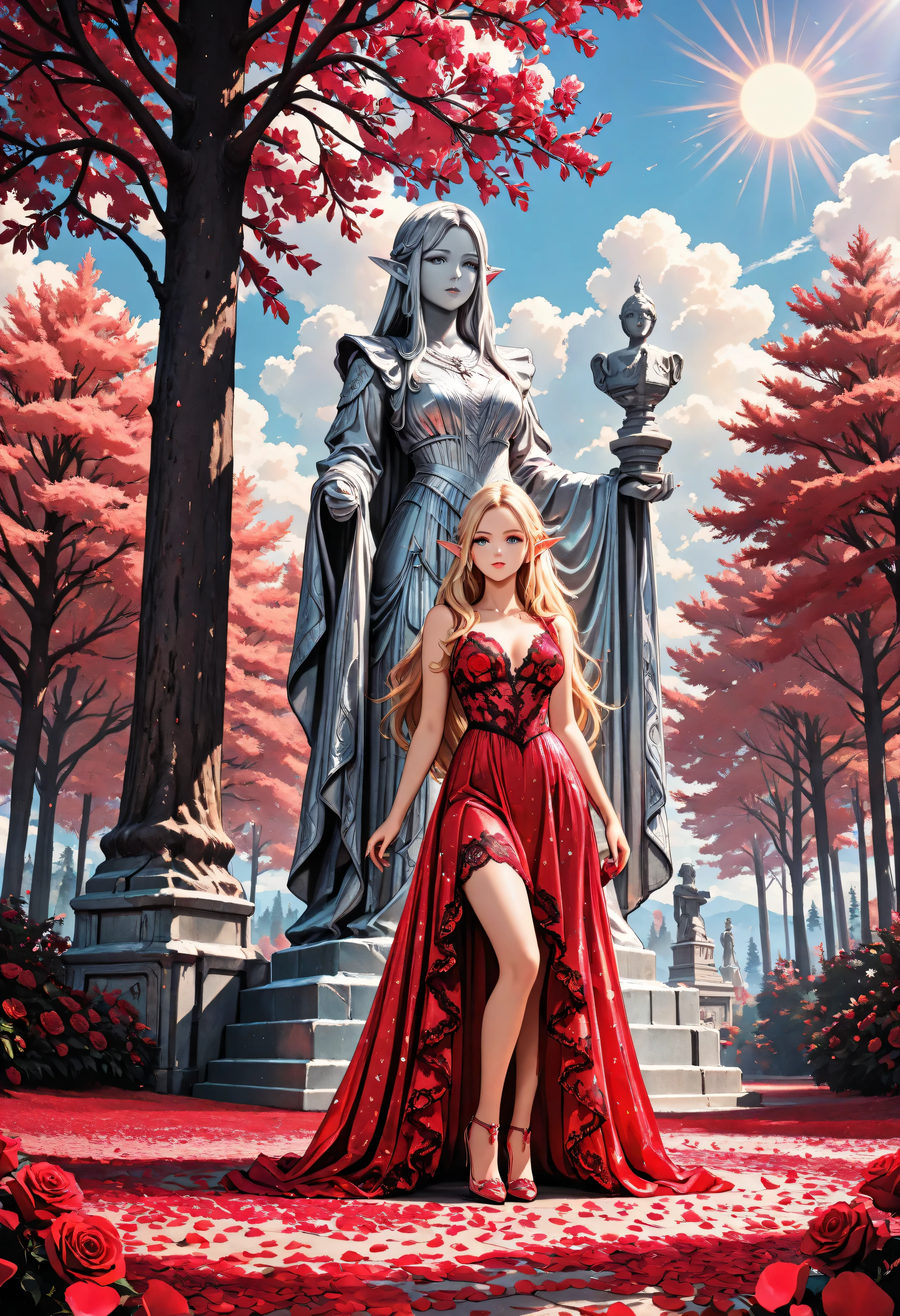 Movie Still,Film Still,Cinematic,Cinematic Shot,Cinematic Lighting,Aesthetic_PDXL, red petals falling from the sky on a beautiful female elf,  full body, long hair strands, wearing lace dress, colorful dress, wearing high heels, standing in forest, cloud of red petals swirling around, epic flowing red petals, swirling rose petals, fantasy forest background, it is dawn the sun rays reflect on the ice statue, sun rays hit the rose petals, ((high contrast: 1.5), [[anatomically correct]], high details, best quality, 8k, [ultra detailed], masterpiece, best quality, (extremely detailed), dynamic angle, intricate details, FAIstyle