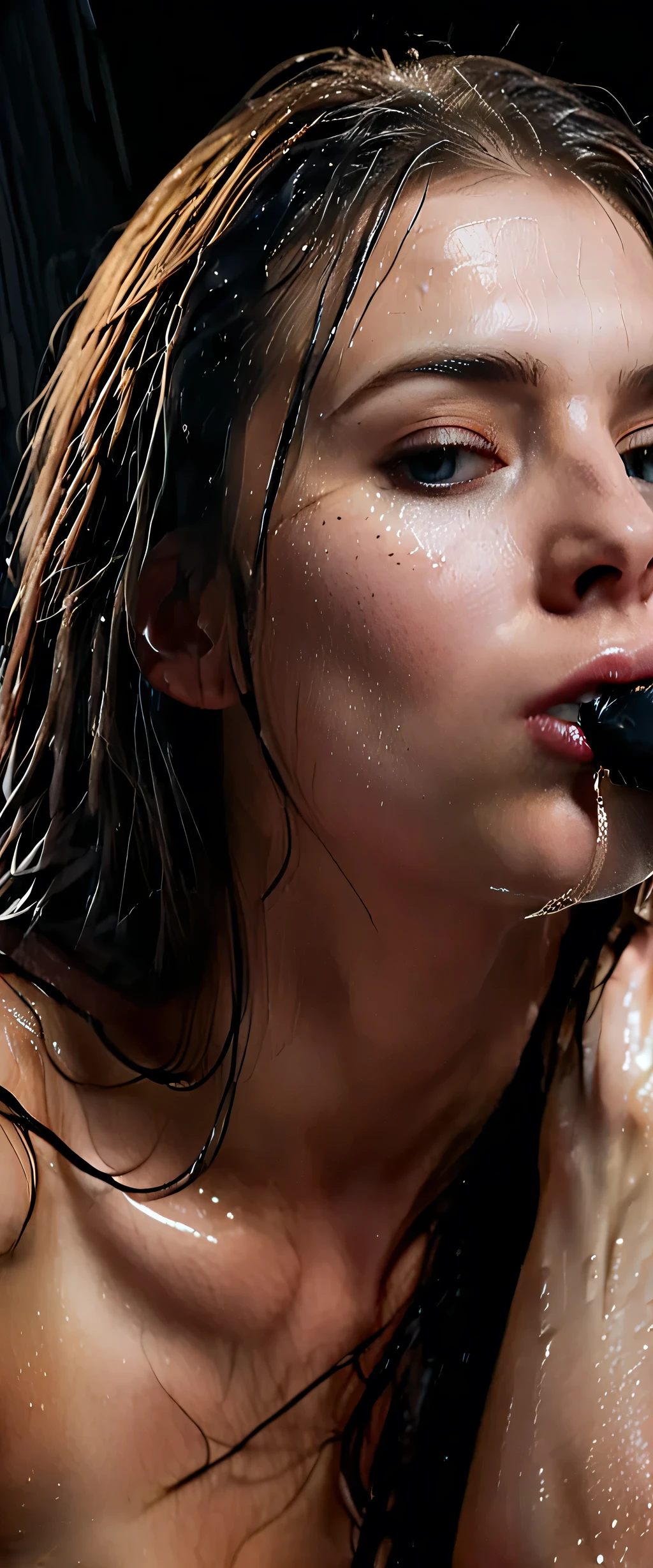 EpiC35mm, a close-up of the girl's full nude body, ((deep_throat_blowjob to (huge_extremely_realistic_dildo)),The dark background accentuates the overall somber and gloomy atmosphere. The girl's disheveled, wet hair clung to her face, highlighting facial details and meticulously crafted highlights. The image reveals the girl's translucent skin, her face appearing freshly washed and glistening , The image boasts high-definition, clear, and flawless image quality,anatomically_correct,rating_safe:2