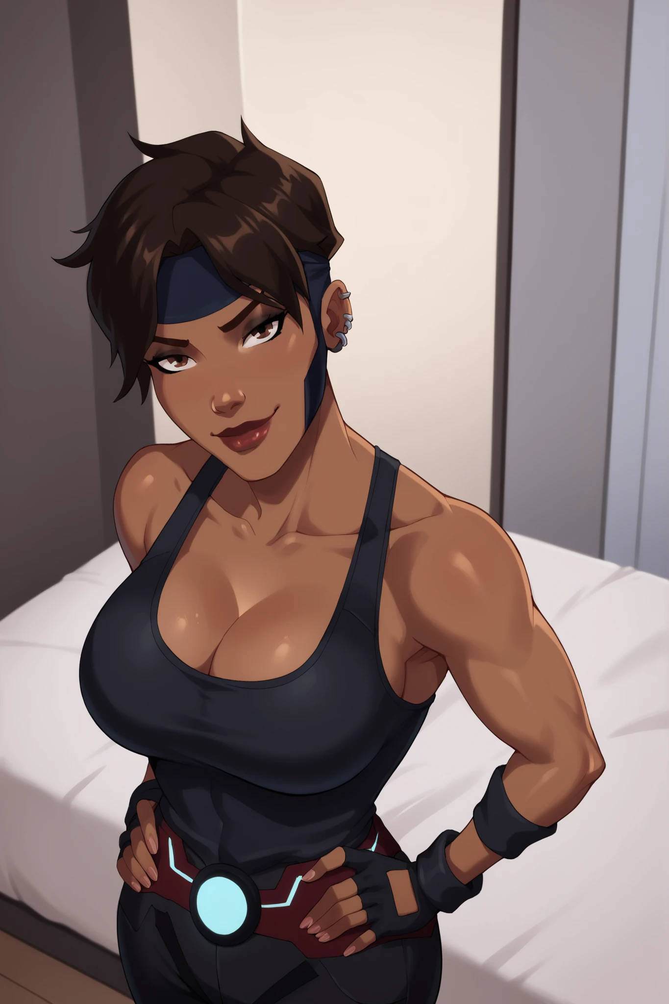 BREAK, score_6_up, score_9, score_8_up, score_7_up, high quality, masterpiece, Rocket, 1girl, solo, 2d, dark-skinned female, short hair, brown eyes, headband, piercing, earring, mask, lipstick, makeup, , cleavage, curvy, athletic, looking at viewer, seducing viewer, teasing viewer, smile, closed mouth, expression, bedroom eyes, busty, black sports bra, black jogging pants, standing, bedroom, indoors, high-angle view, black eyeshadow, closeup, portrait, upper body, hands on waist, shoulders