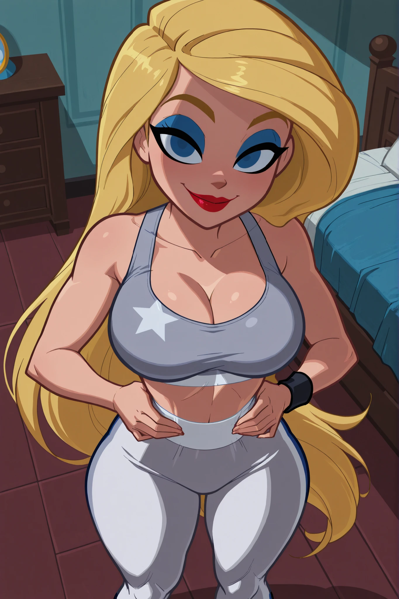 BREAK, score_6_up, score_7_up, score_8_up, score_9, Stargirl, 1girl, solo, long hair, blue eyes, blonde hair, lipstick, superhero, red lips, , cleavage, curvy, athletic, looking at viewer, seducing viewer, teasing viewer, smiling, closed mouth, expression, bedroom eyes, busty, platinum sports bra, platinum jogging pants, indoors, bedroom, standing, portrait, upper body, closeup, high-angle view, blue eyeshadow, black eyeliner, hands on waist