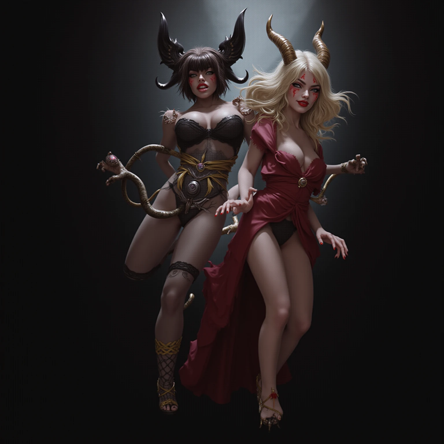 hellish nightmare, monsters, demons everywhere, young female ,  breast,  navel, (boobs),:1,1, fire, , beads belt, rope belt, necklace, ornaments, tattoo, , , chain 
