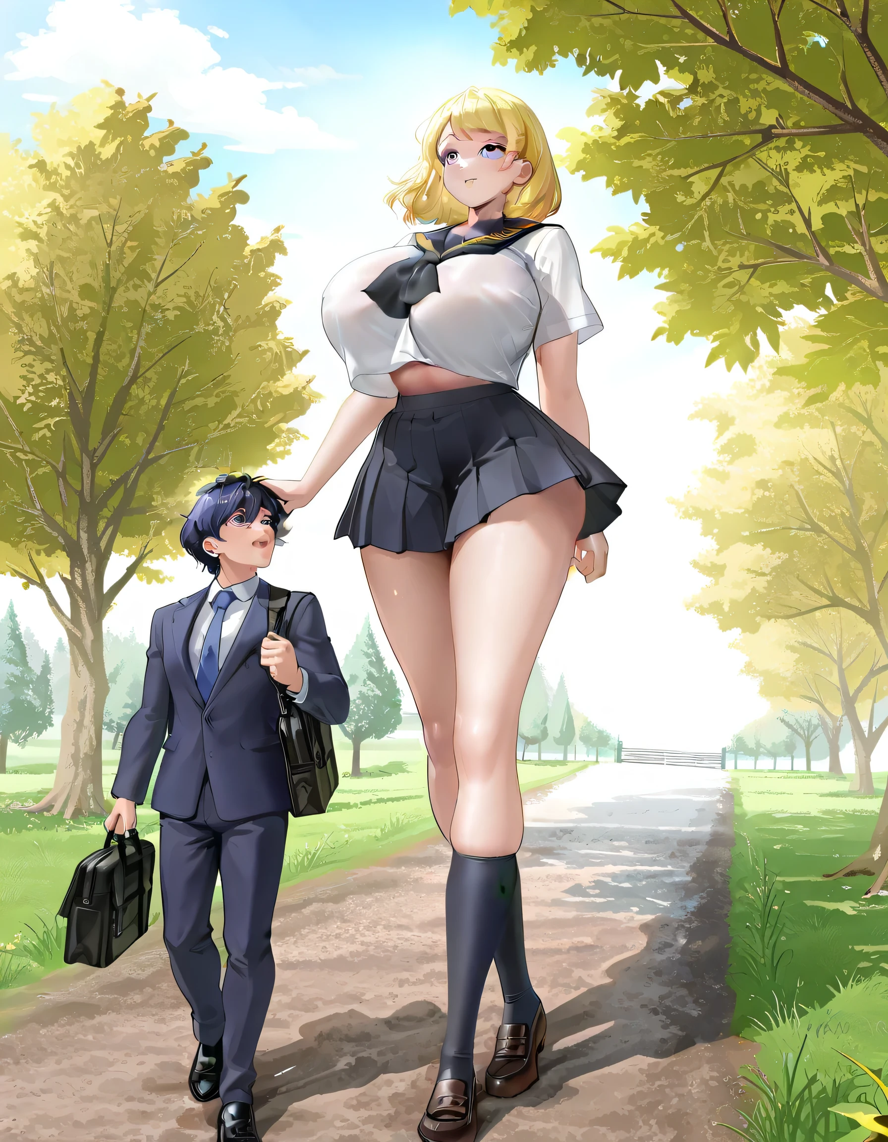 ((masterpiece)), ((highest quality)), teenage giantess girl and tall male, (the supertall girl has thin and too long legs :1.7), The supertall girl wears sailor suit with white blouse and dark blue pleated skirt, crop top overhang, a tall male wearing business suit, the supertall girl with black and medium hair, the supertall girl's height is twice as tall as that of the tall male, full body, walking at the park, (the supertall girl's legs are longer than the height of the tall male: 1.3), the supertall girl's head is as small as the tall male's one, in spring, the supertall girl has Medium-length bob hair, (the supertall girl has huge breasts larger than her head: 1.5), (the supertall girl is wearing big loafers:1.5), the supertall girl is wearing black socks, the supertall girl has a bag, the tall male has a bag, the tall is looking up at the girl's breasts,
