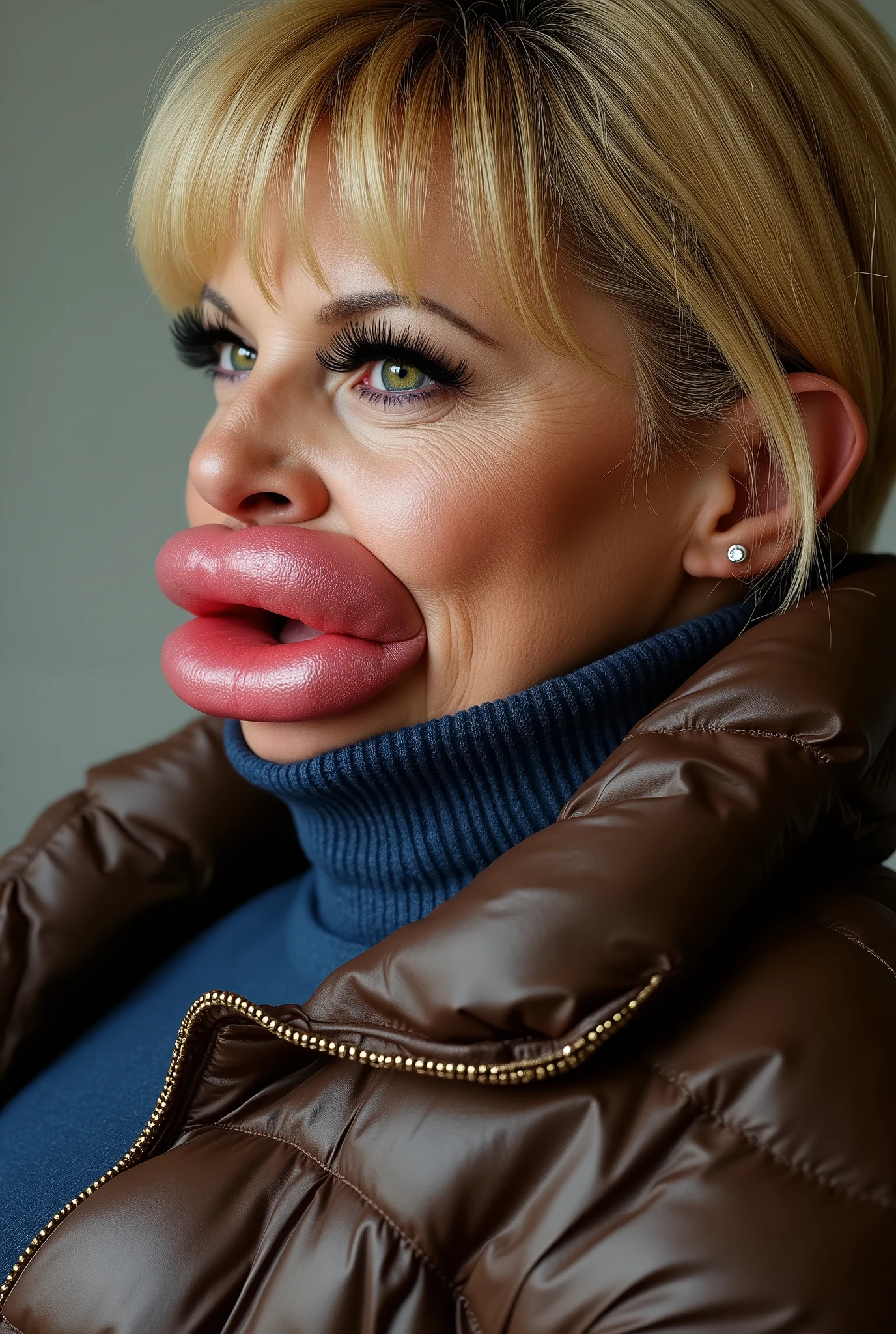 Ultra realistic side view portrait of a mature Italian woman in her 60s, looking very posh and overdone, with very short blonde hair styled with bangs, a small Italian nose, and exaggerated cosmetic enhancements. Her lips are extremely full, round, and glossy from multiple filler injections, her cheeks are puffy and lifted, and her skin looks tight and smooth from facelifts and Botox. She has striking green eyes framed by thick eyelashes and heavy makeup. Her expression is snobby, proud, and confident, giving off an upper class vibe. She is wearing a tight blue ribbed wool turtleneck sweater underneath a brown thick shiny super expensive puffer jacket that enhances her rich and luxurious appearance. The lighting is soft and cinematic, the background is minimal and elegant, the image is ultra detailed, realistic, high fashion editorial style, 8k, Canon EOS R6 Mark II, natural skin texture with visible makeup detail, cinematic depth of field.