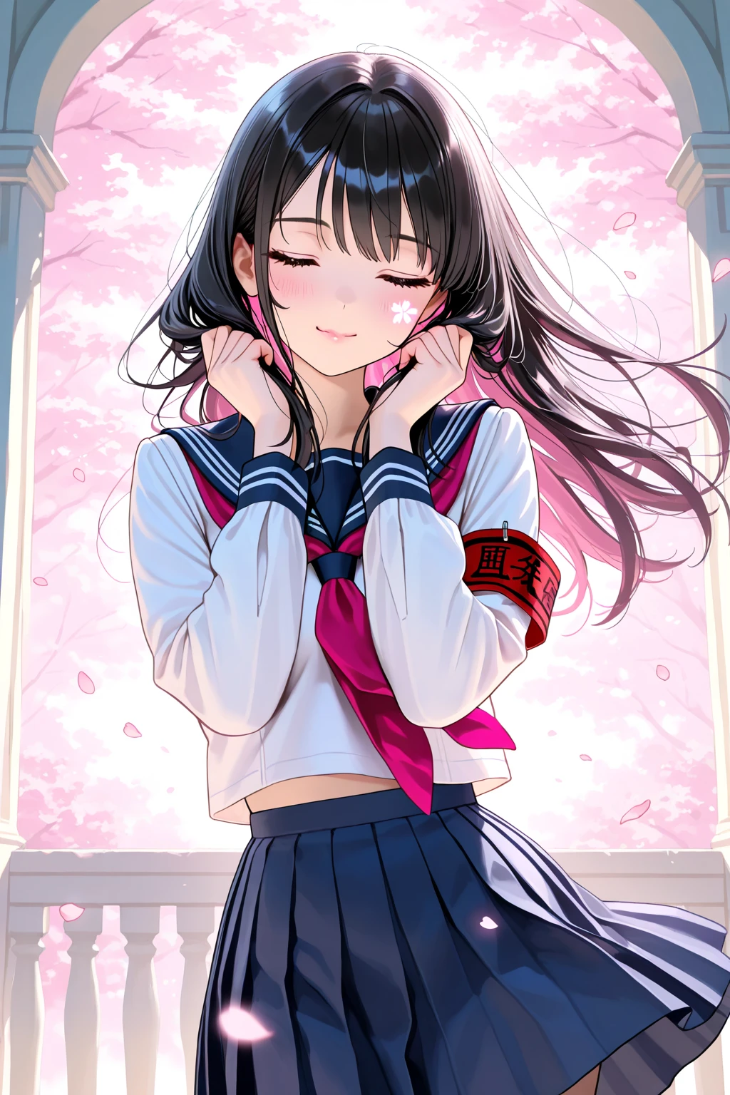 masutepiece, Best Quality,Illustration, Wallpaper, ultra -detail, Absurd beauty, 1beautiful girl、Bright hair color、big eye、Hair fluttering in the wind、♡、Spring landscape、great laughter、skirt by the、Futomo、Poses in motion
