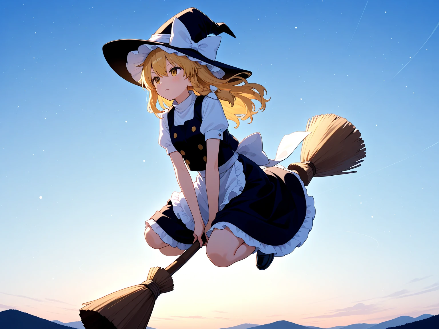 ((((空を飛ぶwitch))),((Ride a broom)),Straddling a broom,Fantasy,Beautiful light and shadow,Anatomically correct,masterpiece,Highest quality,最高masterpiece,8K,Use of magic,witch:witchの帽子:witchの衣装:Familiar,Wind,Fantasy,wonderful,An illustration,Digital Art,wonderful,wonderful,カラーAn illustration,Rich colors,Blushing,Eyes closed,Mouth closed,Holding the end of the broom tightly with both hands,slightly squatting,Both feet are on the ground,Both feet are wearing shoes