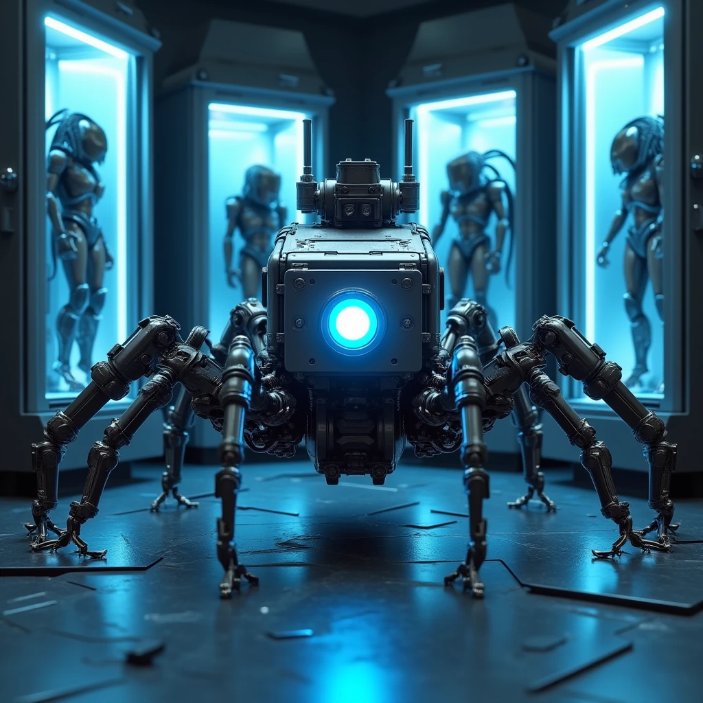 In a dimly lit, indoor laboratory, a solo spider robot stands imposingly amidst a blur of scientific equipment. Glistening blue circuits and metallic limbs radiate an air of industrial strength as it dominates the space. Shadowy silhouettes of machinery and consoles surround the mecha, while bright lights cast an otherworldly glow, illuminating its non-humanoid design.
