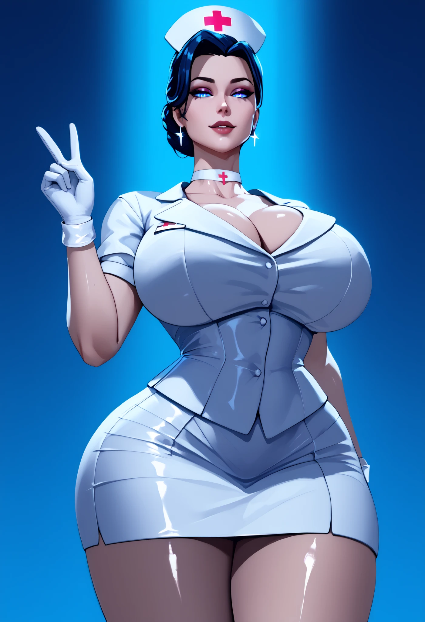 a beautiful nurse with deep neckline, very short skirt, thick thighs, wearing nurse's outfit and hat, (best quality,4k,8k,highres,masterpiece:1.2),ultra-detailed,detailed eyes and face, highly detailed white uniform,V-neck, shiny skin, seductive pose, soft lighting, warm colors, chiaroscuro lighting, huge breasts.