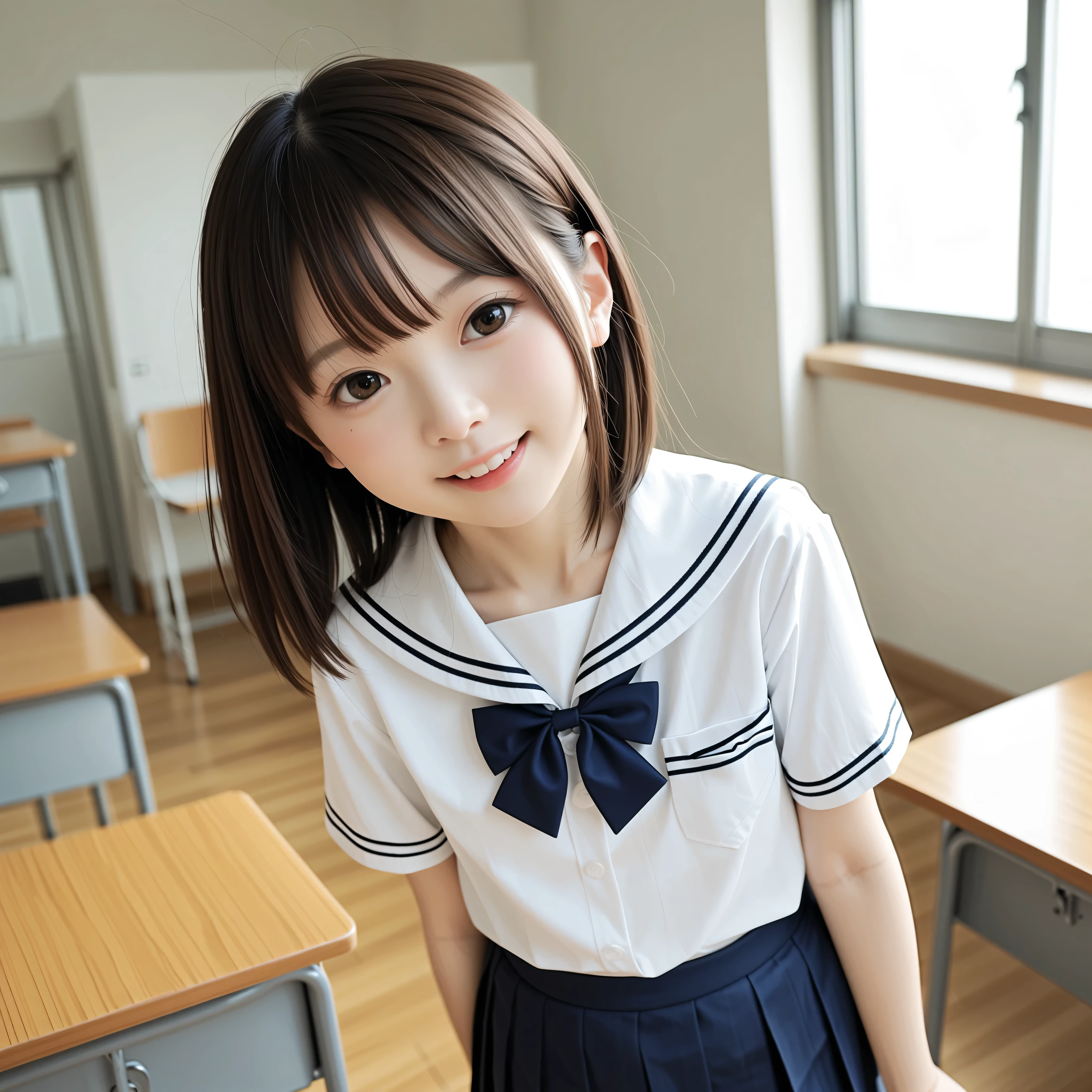 ( white skin:1.0),cute girl,cute young girl,lanky,short,skinny,slender,thin body,toddler_body,younger,score_7_ up,score_8_ up,score_9,realistic,school uniform,school classroom,small butt not posing,small breasted,sunlight,Japanese,Smile Yan:0.4,Narrow Shoulder,Nice,a young and cute girl,Young