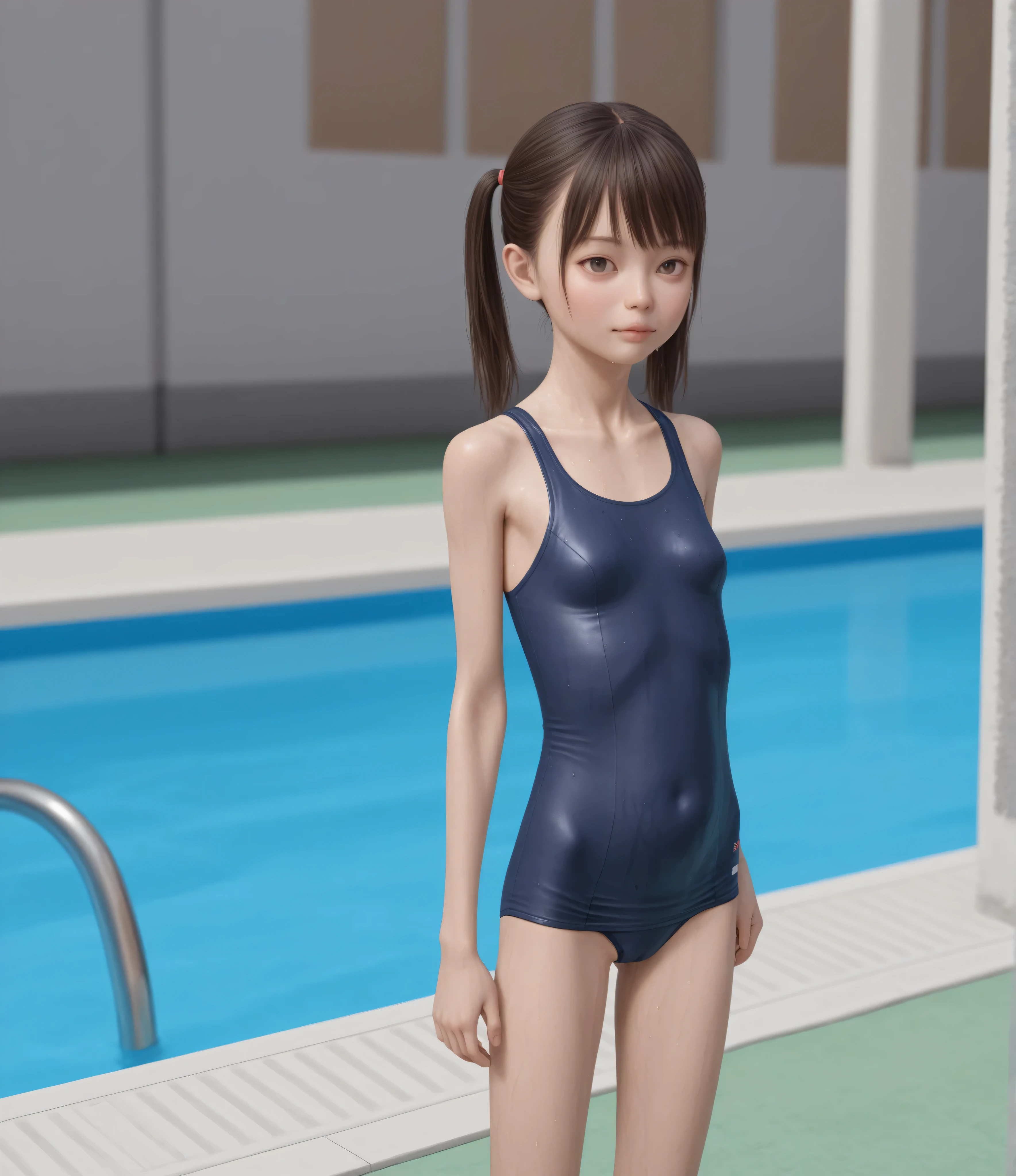 realistic:1.5, 日本のyounger女の子,She is wearing a Japanese style navy school swimsuit, (younger:1.5),(skinny:1.5), Slim, Small butt, small breasts:0.2, cute face, my swimsuit is wet, PUBLIC POOL , (thin thighs), (Toddler_body)