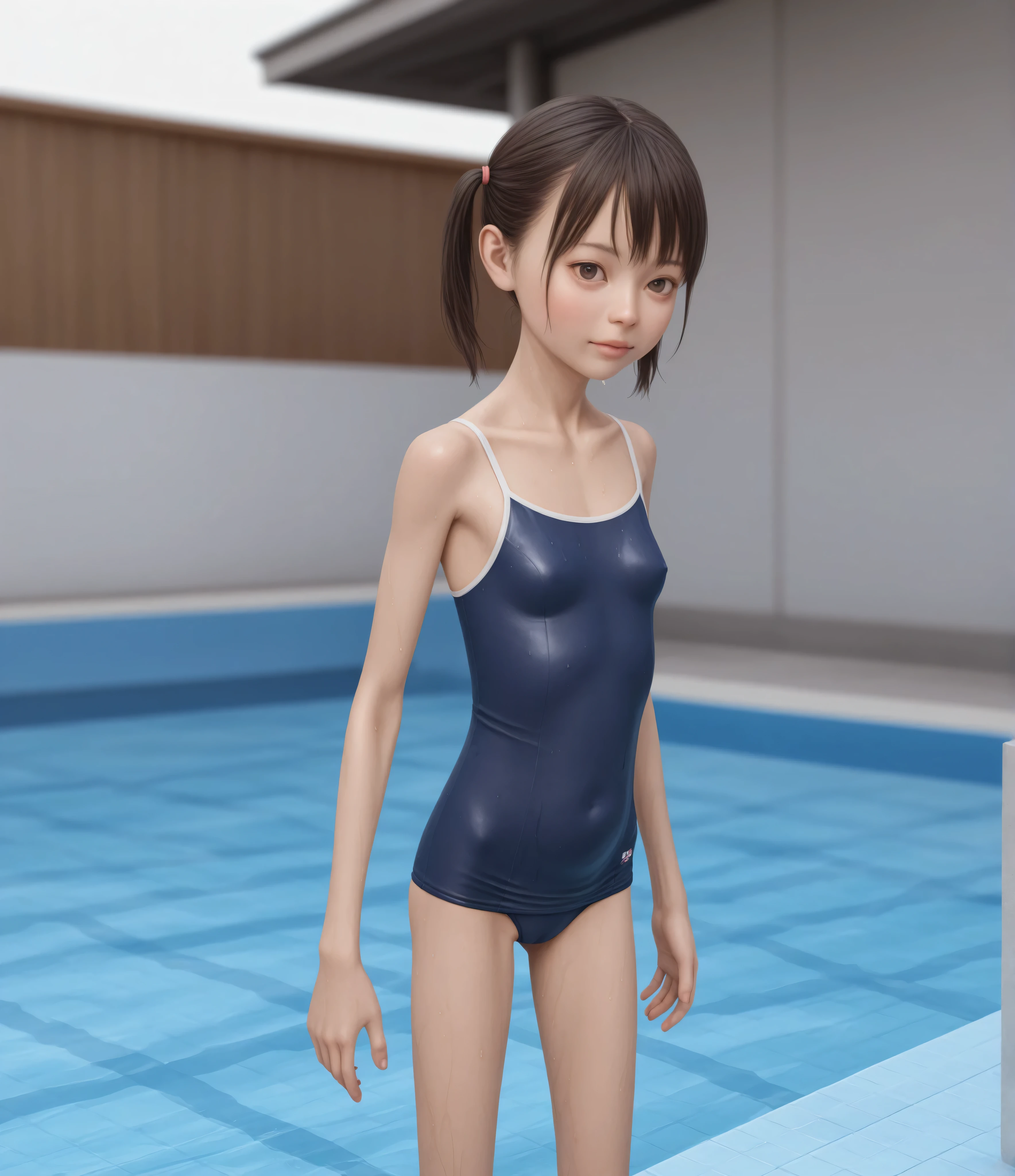 realistic:1.5, 日本のyounger女の子,She is wearing a Japanese style navy school swimsuit, (younger:1.5),(skinny:1.5), Slim, Small butt, small breasts:0.2, cute face, my swimsuit is wet, PUBLIC POOL , (thin thighs), (Toddler_body)
