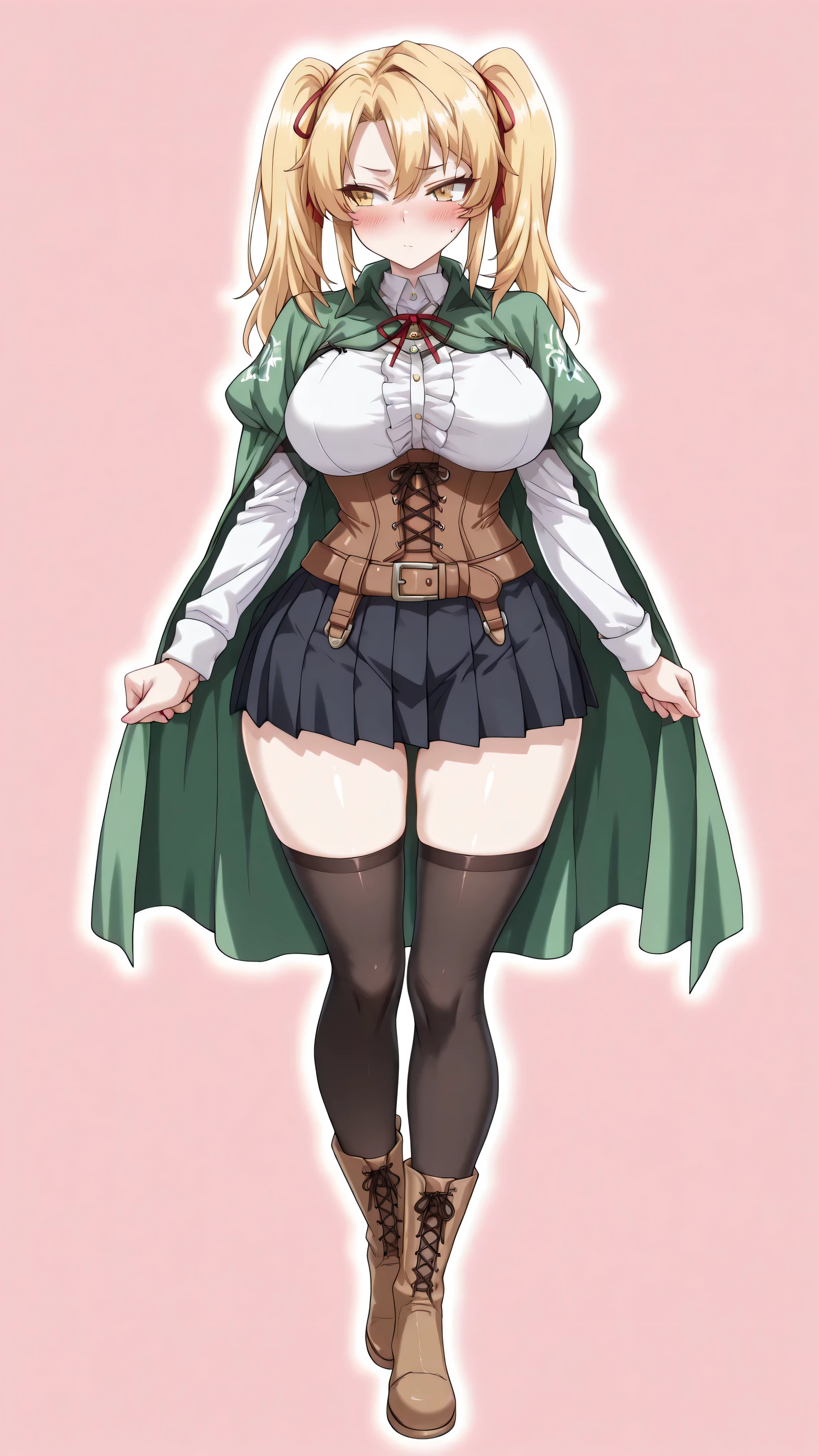  (dark,pink light:1.2),,simple_background,twintails, ribbon, red ribbon,green cape, pleated skirt, belt, underbust, puffy sleeves, black thighhighs,,,(short girl,curvy),,(full body:1.3),(blush body),magetano\(thecurseofkubel)\, blonde hair,long hair, large breasts,(detailed face,detailed body,detailed eyes:1.1),(toes point:1.4),(style_name:1.3),feet,(plantar flexion,feet fetish:1.2),,(High Resolution),(More Details), (8K),twintails, (tsurime),(yellow eyes),pink pubic tattoo ,glowing tattoo,(short girl,curvy),boots