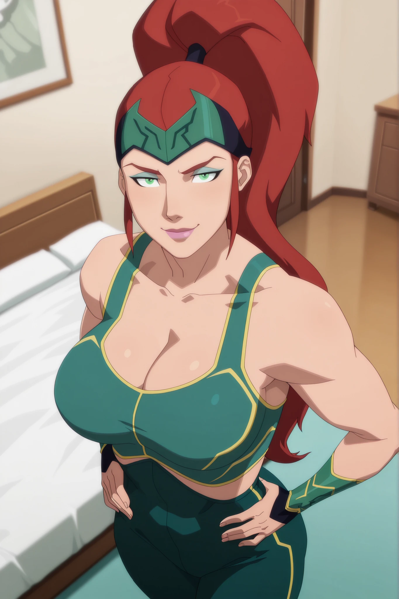 BREAK, score_6_up, score_7_up, score_8_up, score_9, 1girl, solo, m3r4atl4nt1s, long hair, red hair, ponytail, green eyes, large breasts, cleavage, curvy, athletic, pink lipstick, makeup, looking at viewer, seducing viewer, teasing viewer, smile, closed mouth, seductive expression, bedroom eyes, busty, teal sports bra, teal jogging pants, indoors, bedroom, standing, portrait, upper body, closeup, high-angle view, aqua blue eyeshadow, black eyeliner, hands on waist