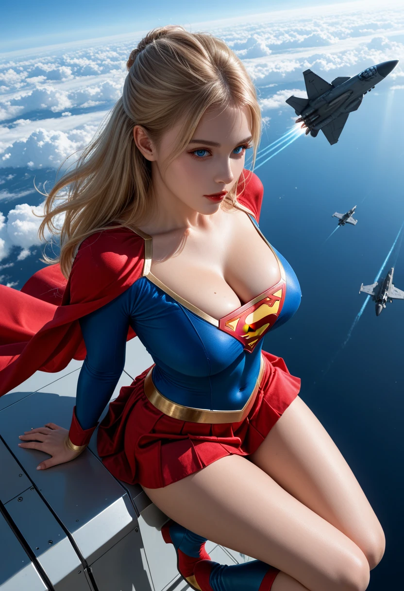 Score_PnyReal, (supergirl), supergirl outifit, skintight, insanely beautiful photographic portrait of 21 years old, full body, Upper Angle, body curves, navel, mini-skirt, before lisa cremosa, Beautiful dark brown eyes, beautiful facial details, ((Manhattan background))), low angle medium plane, greedy and attractive, incredibly euphoric beautiful, vivid emotion, peach fuzz, symmetrical circular iris, natural makeup with glitter, detailed moisture, detailed drops, detailed hair and intricate threads, dslr camera, reflected in a trace of rays, Deni Pine, Bud Melmann de Larry, symmetrical face and body, CGSociety, Gottfried Hernwein and Irakli Nadal, eye reflections, focus, Unreal Engine 5, visual effects, film photograph, extreme detail, Ultra HD, post-processing, post-production, unique face, Tanveer Tamim, ultra-realistic photograph, Photographed with Hasselblad X1D-50c, ISO 100