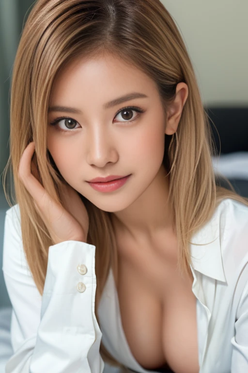 highest quality, figure, super detailed, finely, High resolution, 8k wallpaper, 完璧なダイナミックな構figure, beautiful skin, (big eyes), 20 year old beautiful girl, natural color lip, (sexy pose), Mid chest, smile, Highly detailed face and skin texture, Detailed eyes, Double eyelid,leaking teeth and laughing, close-up,   medium blonde hair, (Floral shirt:1.2), seaside