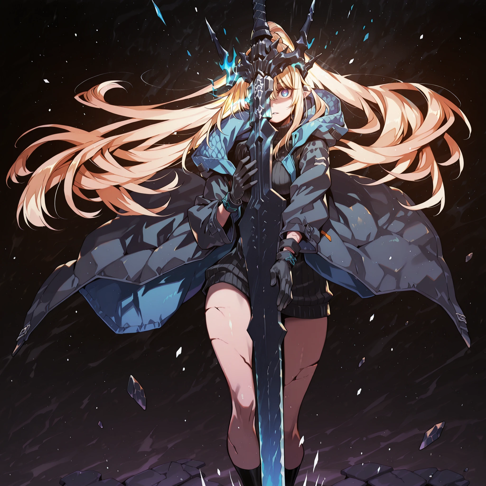 Alone, 1 girl, solitary female character, a young teenager about 1.5 meters tall. She stands alone against a deep black background, making her stand out vividly. Her physique and height are exactly like Terakomari Gandesblood from The Vexations of a Shut-In Vampire Princess.
She has long, blonde hair with blue highlights on the inside, similar to Sylpha Langlis (but blonde). Her hair is styled in a Shikei style and tied in a very long ponytail.
Clothing:
Her eyes are completely hidden behind a black mask with the same design as the Frost Queen’s mask from Return of the Frozen Player. A black mask identical to the Frost Queen’s mask from Return of the Frozen Player. A black mask identical to the Frost Queen’s mask from Return of the Frozen Player. The mask covers the eyes. The mask covers the eyes.
She wears a black turtleneck sweater that extends halfway down her thighs. Her thighs and legs are exposed. The most important feature is her black coat with blue accents—identical in every detail to Amiya’s coat from Arknights: the same fabric, cut, blue highlights, length, hood design, zippers, and proportions. The coat fits perfectly, without slipping down the shoulders and arms.. Gloves like Amiya's from Arknights
Pose and Expression:
Black background, sensual pose, wide , , slim waist, petite body. She is a young woman conjuring a large blue flame in one hand while holding an immense black greatsword with a blue blade in the other. The enormous sword appears to be made of stone, with several cracks along its wide, heavy blade, from which condensed energy radiates. The energy visibly flows from the cracks in the massive sword. The blade is blue. The blade is blue. The blade is blue.
Atmosphere and Style:
Youthful energy. Ultra-detailed, sharp, clean anime style. Deep black background with cinematic lighting emphasizing her short stature and powerful aura. Perfect image, perfect face, perfect eyes, hair is styled in a Shikei style.