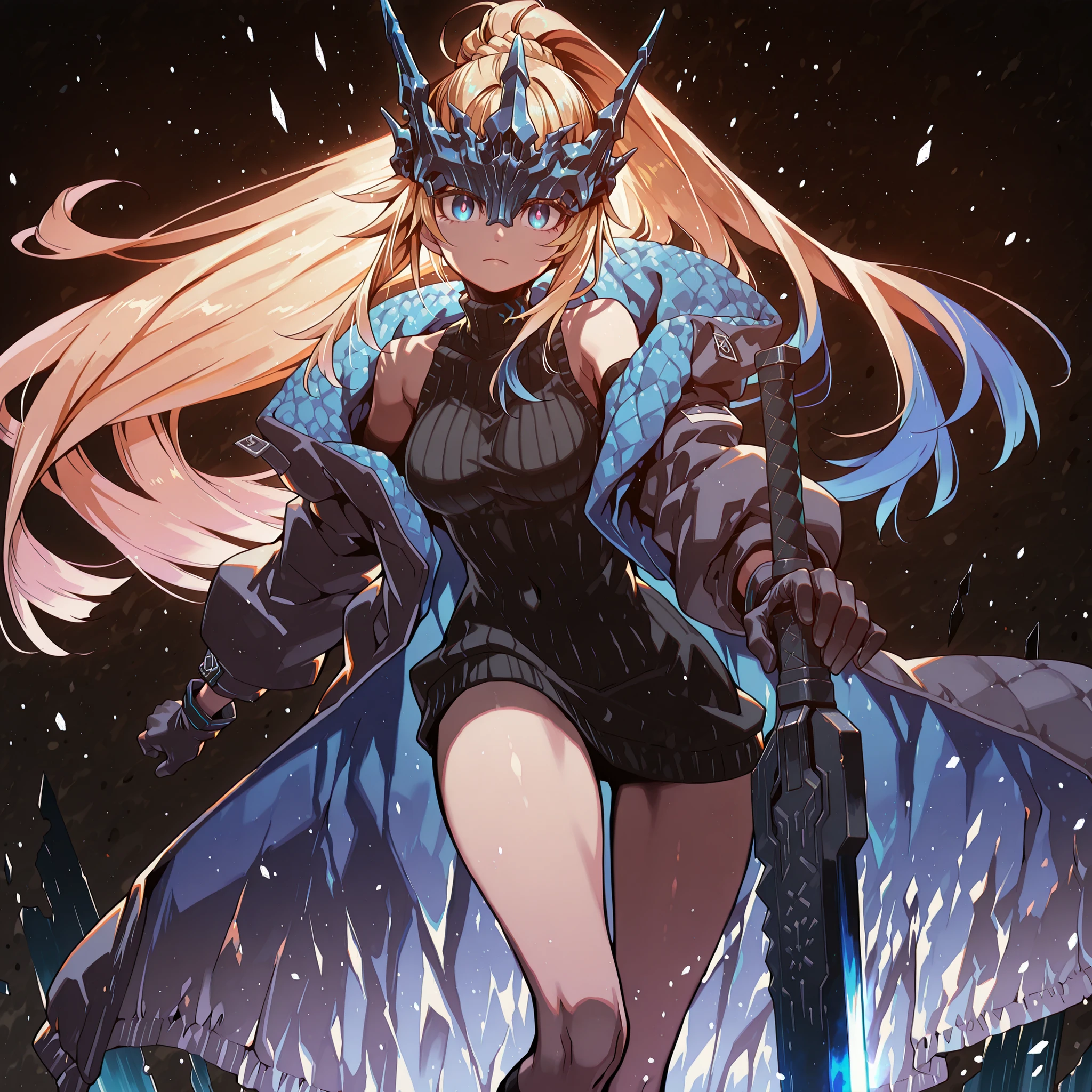 Alone, 1 girl, solitary female character, a young teenager about 1.5 meters tall. She stands alone against a deep black background, making her stand out vividly. Her physique and height are exactly like Terakomari Gandesblood from The Vexations of a Shut-In Vampire Princess.
She has long, blonde hair with blue highlights on the inside, similar to Sylpha Langlis (but blonde). Her hair is styled in a Shikei style and tied in a very long ponytail.
Clothing:
Her eyes are completely hidden behind a black mask with the same design as the Frost Queen’s mask from Return of the Frozen Player. A black mask identical to the Frost Queen’s mask from Return of the Frozen Player. A black mask identical to the Frost Queen’s mask from Return of the Frozen Player. The mask covers the eyes. The mask covers the eyes.
She wears a black turtleneck sweater that extends halfway down her thighs. Her thighs and legs are exposed. The most important feature is her black coat with blue accents—identical in every detail to Amiya’s coat from Arknights: the same fabric, cut, blue highlights, length, hood design, zippers, and proportions. The coat fits perfectly, without slipping down the shoulders and arms.. Gloves like Amiya's from Arknights
Pose and Expression:
Black background, sensual pose, wide , , slim waist, petite body. She is a young woman conjuring a large blue flame in one hand while holding an immense black greatsword with a blue blade in the other. The enormous sword appears to be made of stone, with several cracks along its wide, heavy blade, from which condensed energy radiates. The energy visibly flows from the cracks in the massive sword. The blade is blue. The blade is blue. The blade is blue.
Atmosphere and Style:
Youthful energy. Ultra-detailed, sharp, clean anime style. Deep black background with cinematic lighting emphasizing her short stature and powerful aura. Perfect image, perfect face, perfect eyes, hair is styled in a Shikei style.