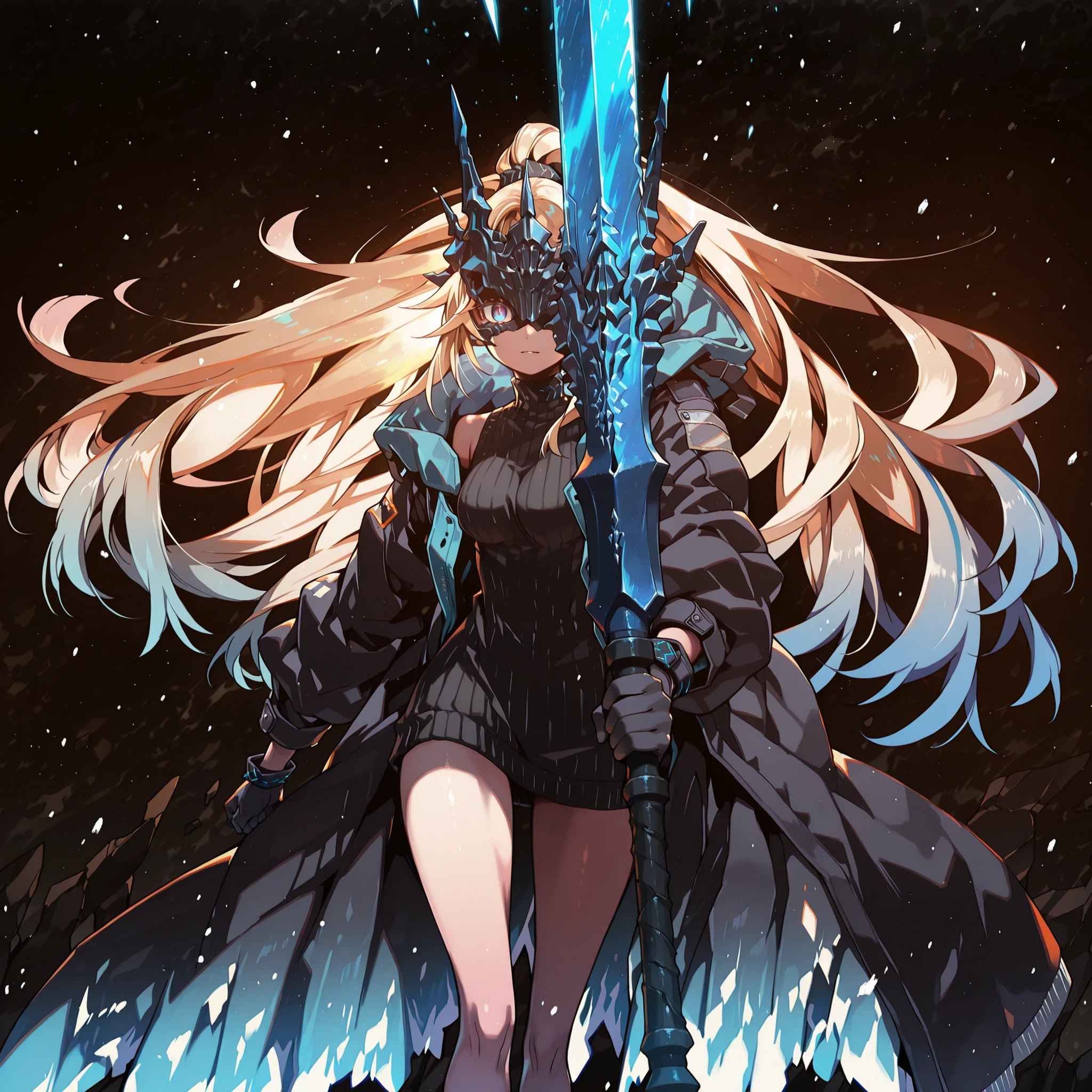 Alone, 1 girl, solitary female character, a young teenager about 1.5 meters tall. She stands alone against a deep black background, making her stand out vividly. Her physique and height are exactly like Terakomari Gandesblood from The Vexations of a Shut-In Vampire Princess.
She has long, blonde hair with blue highlights on the inside, similar to Sylpha Langlis (but blonde). Her hair is styled in a Shikei style and tied in a very long ponytail.
Clothing:
Her eyes are completely hidden behind a black mask with the same design as the Frost Queen’s mask from Return of the Frozen Player. A black mask identical to the Frost Queen’s mask from Return of the Frozen Player. A black mask identical to the Frost Queen’s mask from Return of the Frozen Player. The mask covers the eyes. The mask covers the eyes.
She wears a black turtleneck sweater that extends halfway down her thighs. Her thighs and legs are exposed. The most important feature is her black coat with blue accents—identical in every detail to Amiya’s coat from Arknights: the same fabric, cut, blue highlights, length, hood design, zippers, and proportions. The coat fits perfectly, without slipping down the shoulders and arms.. Gloves like Amiya's from Arknights
Pose and Expression:
Black background, sensual pose, wide , , slim waist, petite body. She is a young woman conjuring a large blue flame in one hand while holding an immense black greatsword with a blue blade in the other. The enormous sword appears to be made of stone, with several cracks along its wide, heavy blade, from which condensed energy radiates. The energy visibly flows from the cracks in the massive sword. The blade is blue. The blade is blue. The blade is blue.
Atmosphere and Style:
Youthful energy. Ultra-detailed, sharp, clean anime style. Deep black background with cinematic lighting emphasizing her short stature and powerful aura. Perfect image, perfect face, perfect eyes, hair is styled in a Shikei style.