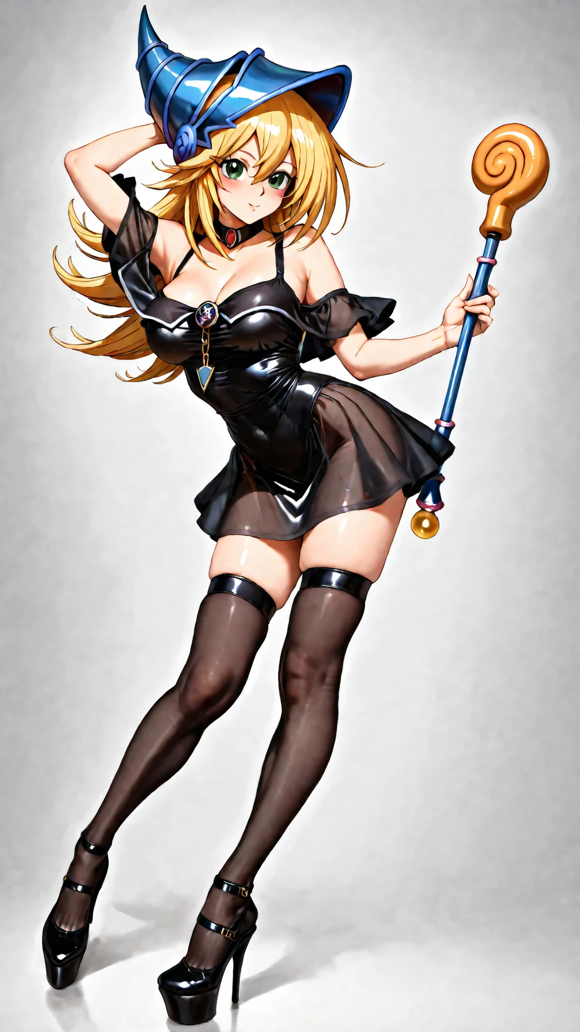 Dark Magician Girl wearing short Gothic modern clothing and platform pumps. With chains. With nothing on her head neither her hair. Pose sensual. Vestido negro gótico. Cabello negro y labios negros. Rubor negrom ella es gótico 