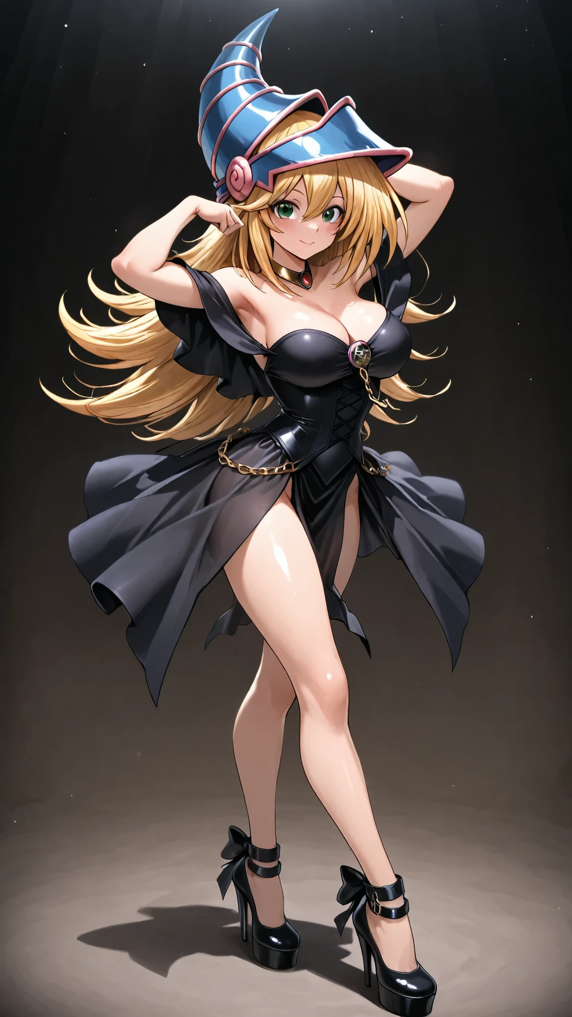 Dark Magician Girl wearing short Gothic modern clothing and platform pumps. With chains. With nothing on her head neither her hair. Pose sensual. Vestido negro gótico. Cabello negro y labios negros. Rubor negrom ella es gótico 