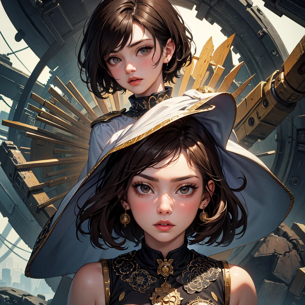 （Modify hair only、Face）Reddish-brown hair，Long curly hair，high ponytail，red headdress，red eyes，red eye，red pupils，Delicate and detailed eyes，sparkling eyes，Automatic Rifle