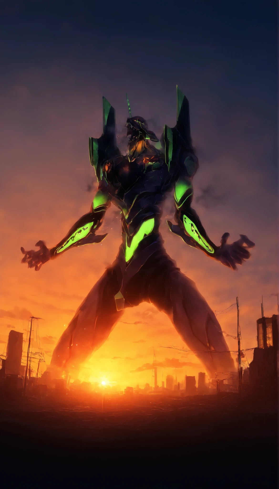 giant robotic humanoid (eva 01) standing with an open mouth among the trees of a valley, with an open mouth showing intricate and detailed teeth and tongue,with arms tight and in the face of effort,cries to the sky, Purple armor with bright green reflections ., human arm, Berserker Mode, And a thin, Organic body covered with metallic armor ,standing up looking up, Smoke and atmosphere , green eyes, bright eyes, Beast Roar , Broken armor revealing a living organism.., thick blood ,Ominous clouds, ,montallas de Japan,electric poles,buildings in the distance,Japan,The outskirts of Tokyo,((sunrise)),between half-destroyed Tokyo buildings, abandoned city ,sol saliendo en el sunrise