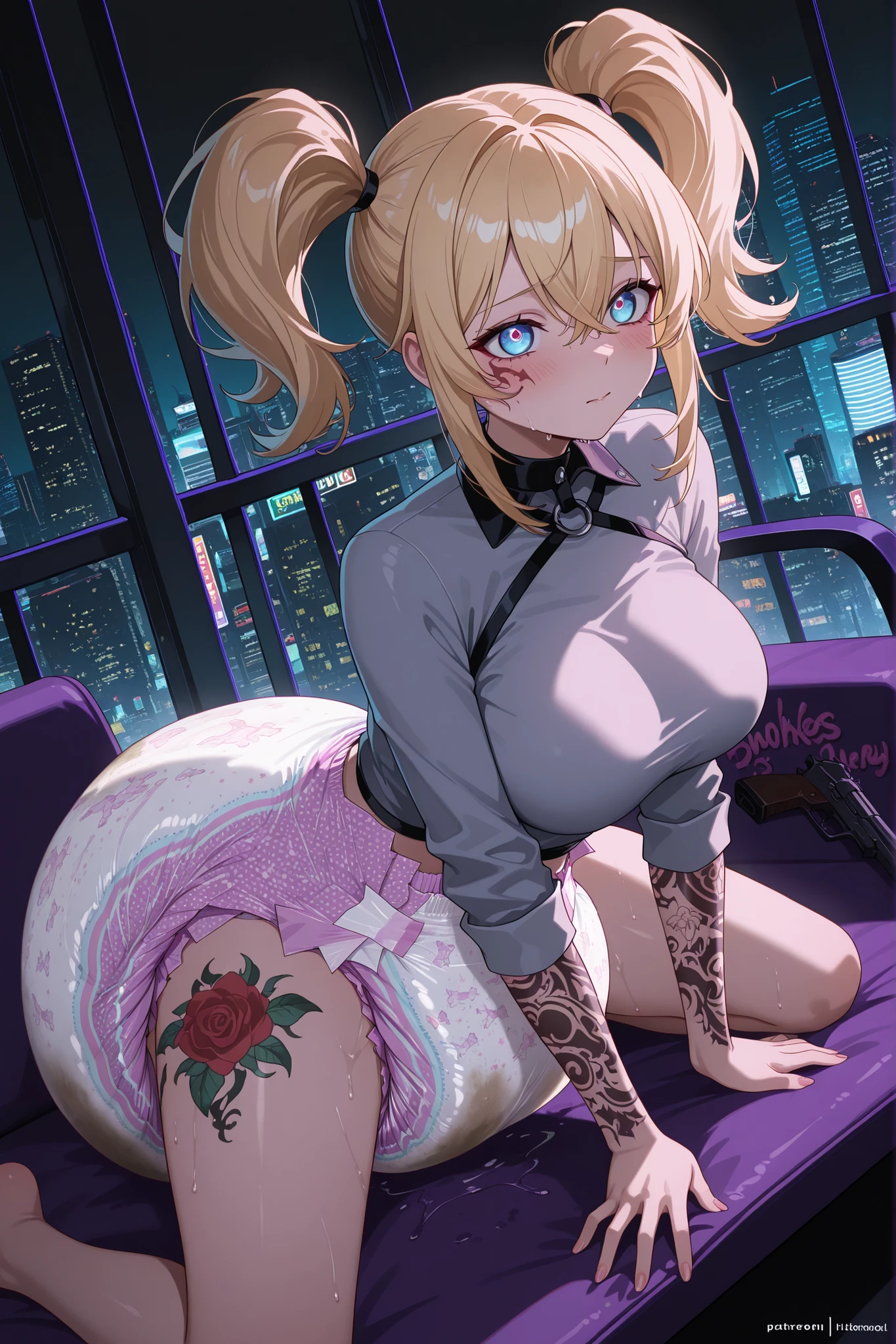 young woman fucked by old man., straddling, gun, darkness, forced.  In this stunning 8K high-resolution art photograph, an innocent and beautiful young woman with anime-inspired blonde hair, large breast, big blue eyes, in all fours, styled in two colorful and voluminous pigtails, sits on a city bench. She's wearing an exaggeratedly bulging adult diaper, so full of fluid it looks like it's about to burst, soaking her legs and the ground. She's masturbating intensely, her face flushed with embarrassment. She exudes a scantily clad, grunge-pop aesthetic reminiscent of the 90s. With numerous tattoos and dressed in cyberpunk attire, the character radiates confidence and charisma. The scene unfolds against a vibrant cityscape covered in graffiti and brimming with urban energy. The lighting is soft and natural, with a cinematic feel and chiaroscuro elements.
The special effects are cinematic. Amazing quality, very aesthetic, high resolution, ultra-detailed, highly detailed eyes, absurd, novel, (beautiful young woman: 0.5), cute, masturbating, ((breast in focus)), adult diaper so ridiculously bulging and full of liquid that it wets her legs and the floor, ((Her hands in the diaper)), ((Her hands inside the diaper)), high definition, bulging diaper, wet diaper, dirty diaper, wet diaper.