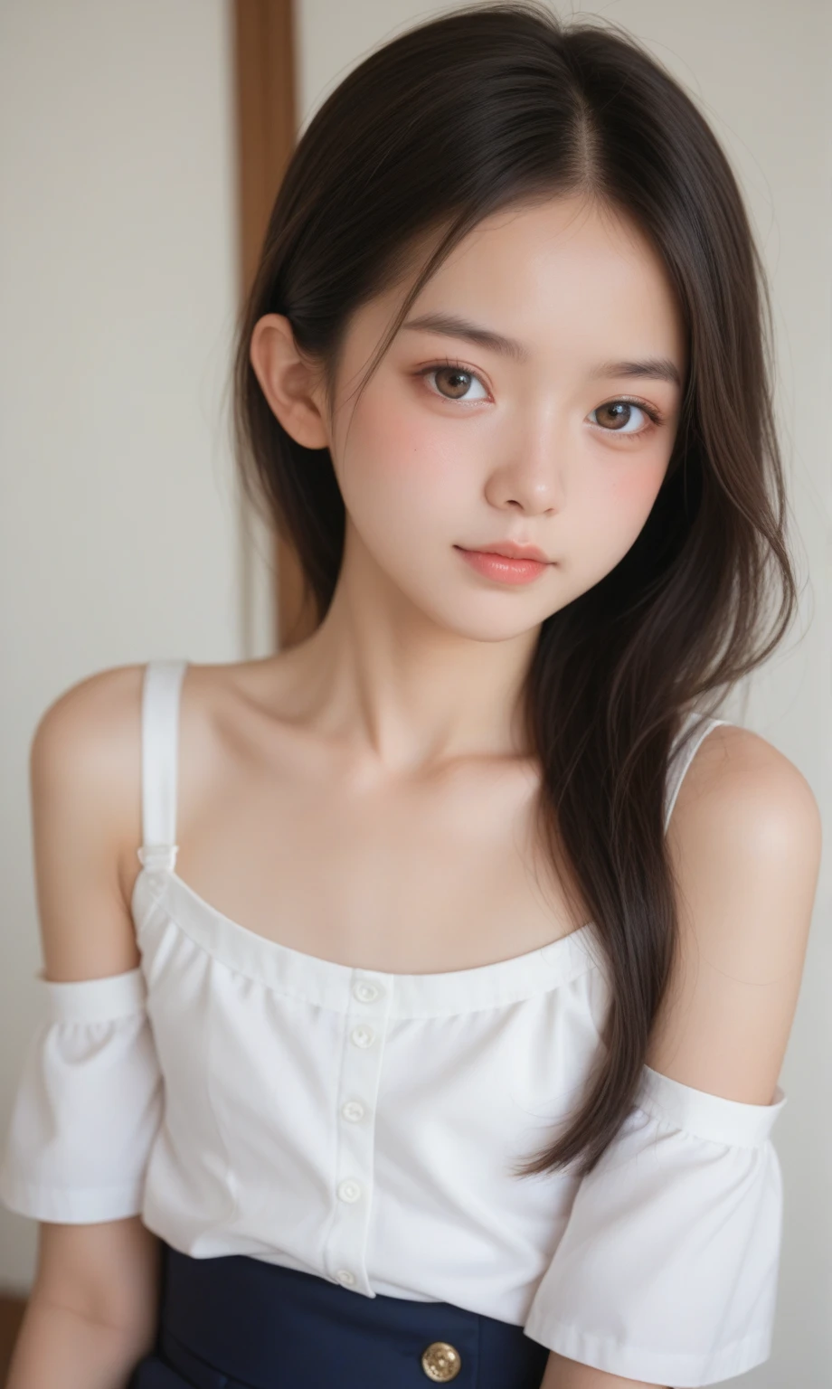 Fashion trendy beautiful and charming woman, gentle and charming Chinese beautiful woman, delicate and  collarbone, charming oval face, double eyelids, smart peach blossom eyes, pink lips, small nose,  shoulders, focus on the face, close-up of the face, Ultra-high-definition, super-detailed, the white off-the-shoulder shirt perfectly echoes the light blue slit skirt, fresh and impressive