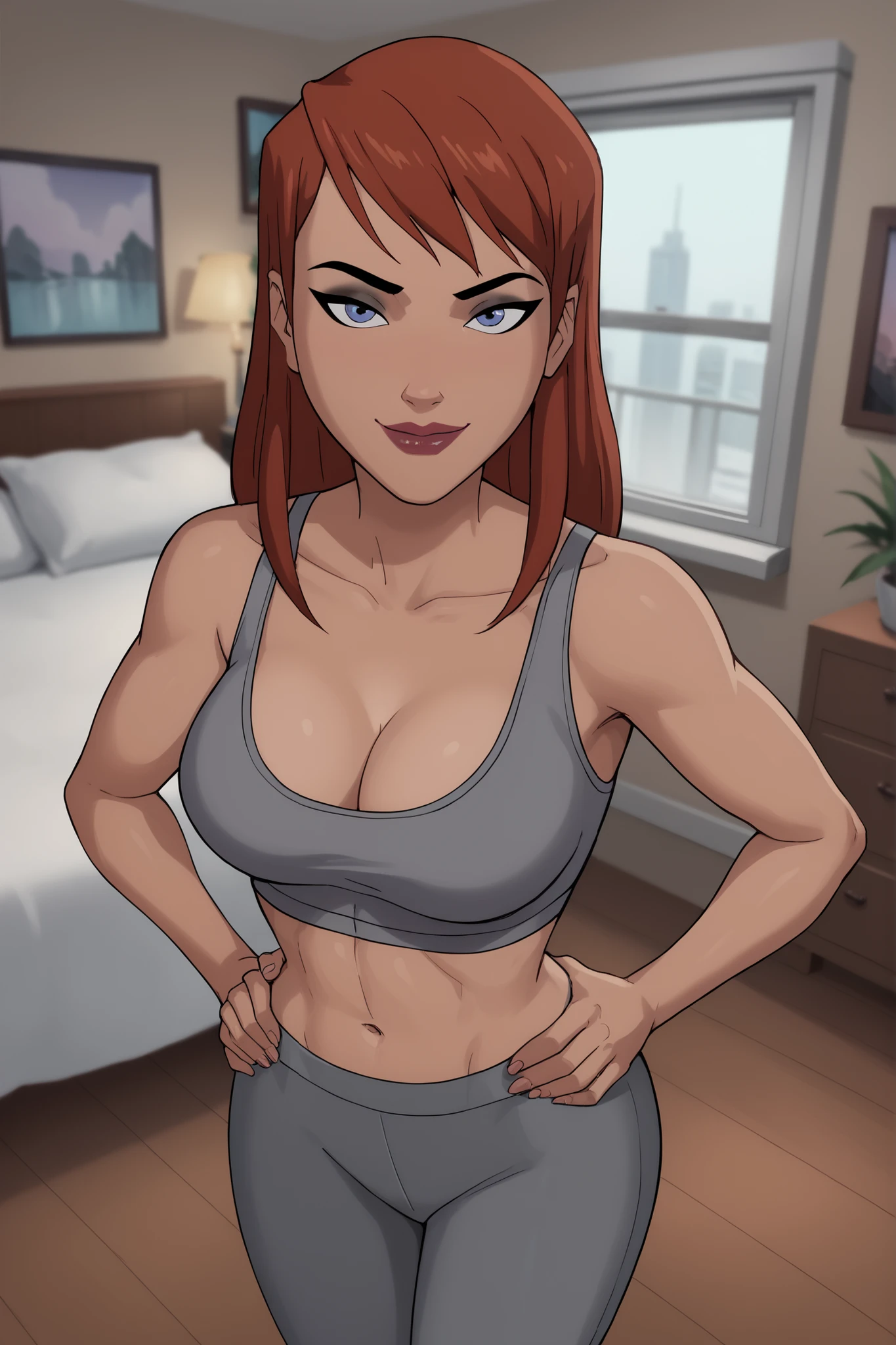 BREAK, score_6_up, score_9_up, score_8_up, score_7_up, 1girl, solo, barbara gordon, ginger hair, long hair, blue eyes, lipstick, makeup, large breasts, cleavage, curvy, athletic, busty, gray sports bra, gray jogging pants, looking at viewer, seducing viewer, teasing viewer, smiling, closed mouth, seductive expression, bedroom eyes, indoors, bedroom, standing, best quality, high quality, portrait, upper body, closeup, high-angle view, black eyeshadow, black eyeliner, hands on waist