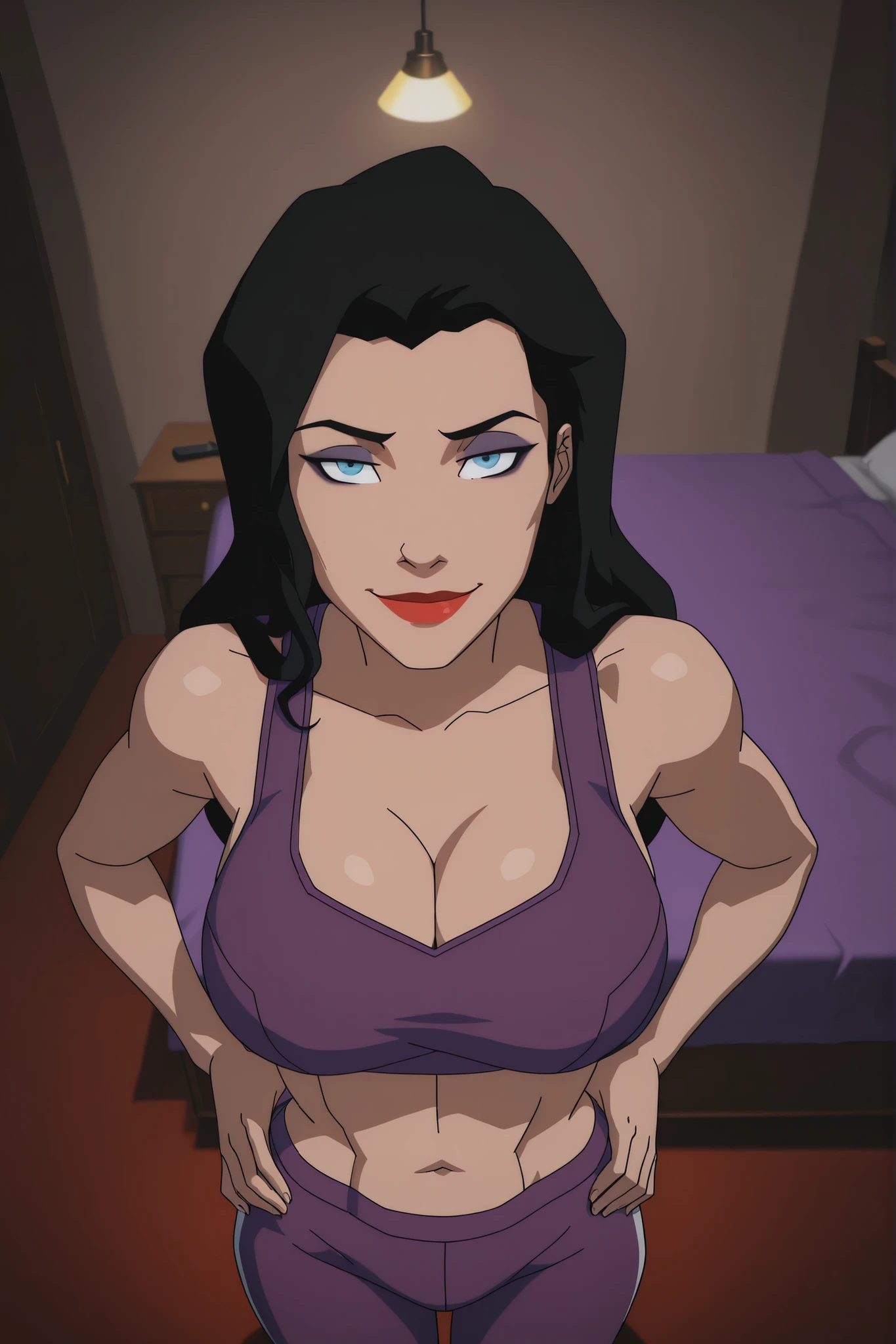 BREAK, score_6_up, score_7_up, score_8_up, score_9, zatannaYoungJustice, 1girl, solo, black hair, lipstick, blue eyes, makeup, red lips, long hair, large breasts, busty, cleavage, curvy, athletic, looking at viewer, seducing viewer, teasing viewer, seductive expression, smiling, closed mouth, bedroom eyes, purple sports bra, purple jogging pants, indoors, bedroom, standing, closeup, portrait, upper body, high-angle view, dark purple eyeshadow, black eyeliner, hands on waist