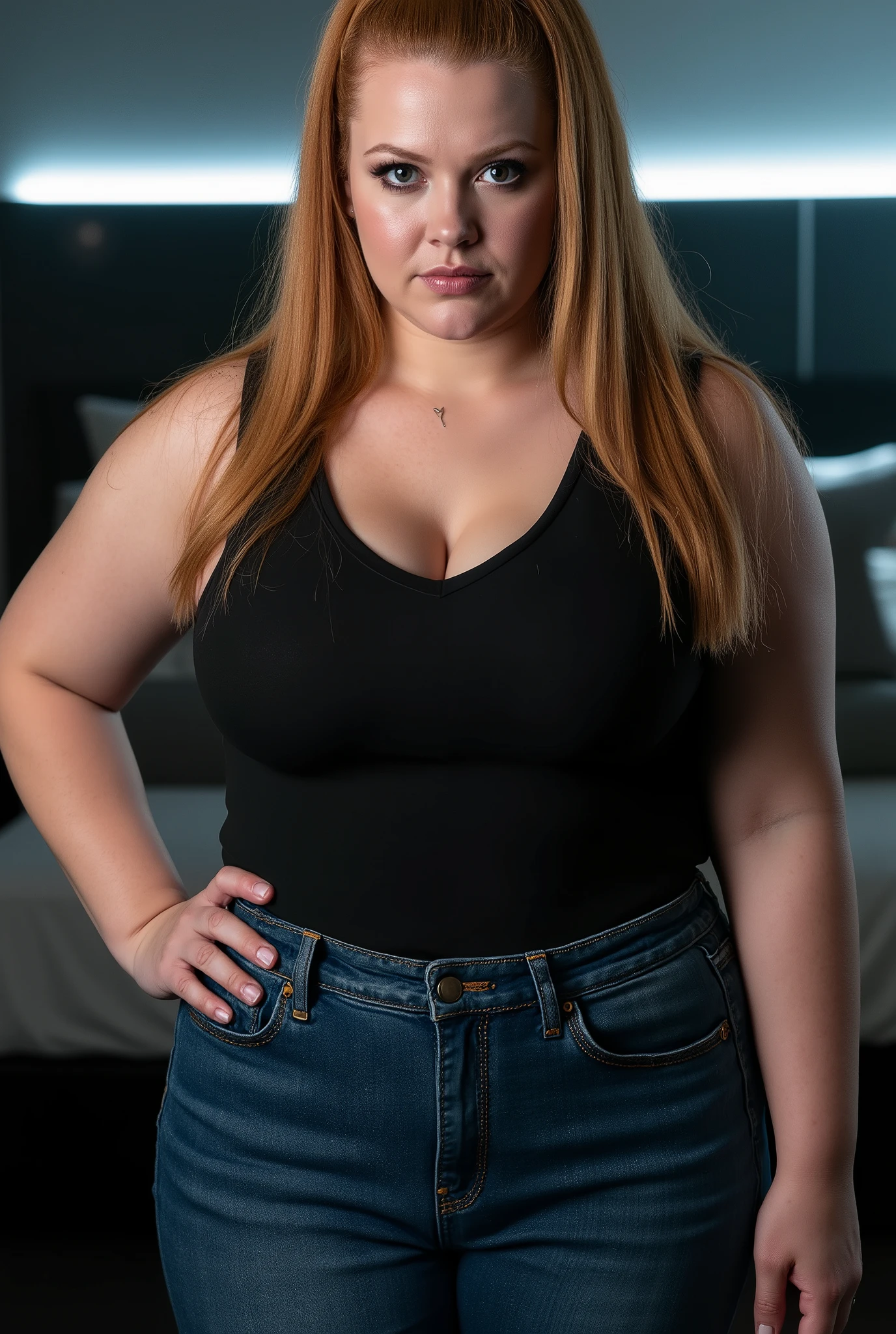 Striking photoreal portrait of an exceptionally strict, curvy woman with an overwhelming aura of dominance. Her straight strawberry-blonde hair is styled in a severe deep side part, falling past her  with flawless precision, one section tucked behind her ear to fully expose her intimidating face. Her eyes are piercing and authoritarian, enhanced by perfect black eyeliner and mascara, fixed on the viewer with a look that demands immediate submission. One sharply arched eyebrow raised in clear judgment. Her expression communicates absolute control and zero tolerance for disobedience. Wearing a tight black tank top that showcases her imposing curves and blue jeans that hug her commanding figure. Her stance is wide and territorial in her futuristic bedroom, body language projecting unquestionable power and authority. Dramatic side lighting creates stark shadows across her severe features, emphasizing her uncompromising expression and dominant presence. Ultra-detailed rendering capturing every nuance of her controlling demeanor, professional photography, perfect clarity and focus