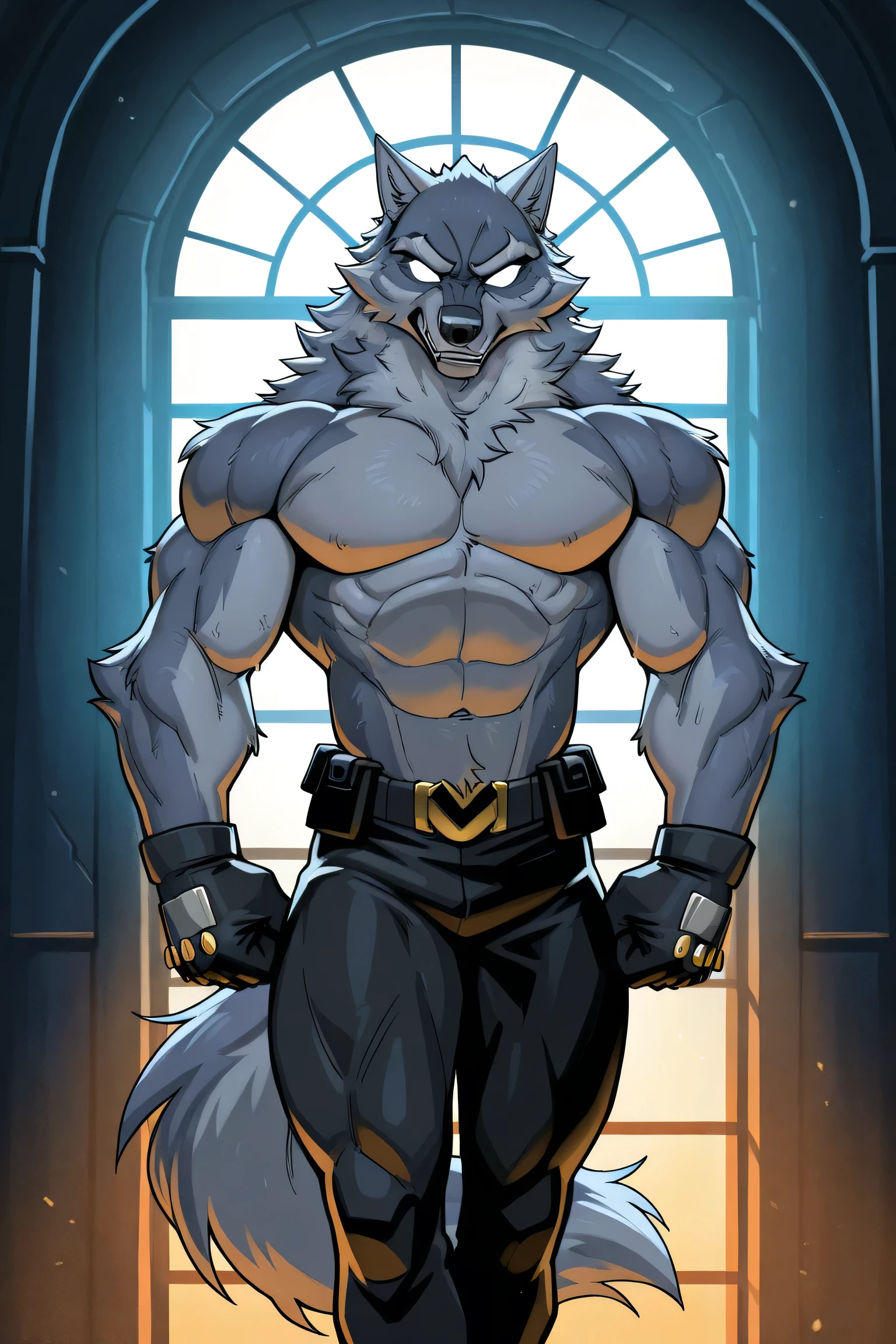"A muscular anthropomorphic wolf character, in a detailed comic book style similar to DC or Marvel comics. The wolf is shirtless, showing defined but not exaggerated muscles, with short fur and a confident expression. He wears tactical black pants with gloves and has a heroic pose. Background includes a large window with warm lighting and tech equipment, like a secret base. Dramatic lighting and shadows, gritty and intense atmosphere."