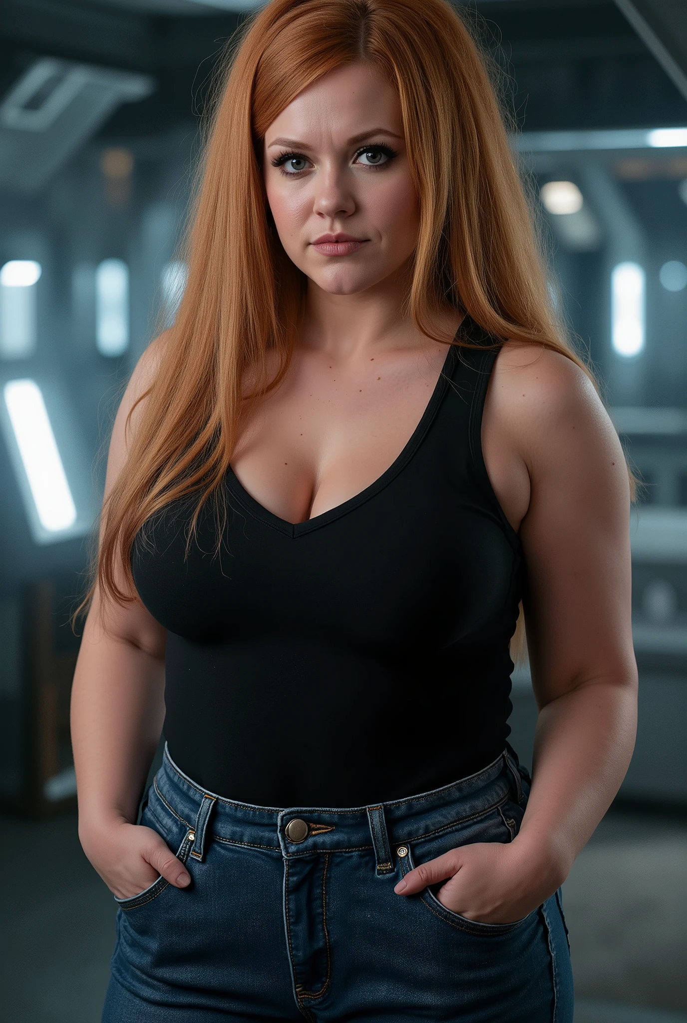 Photoreal portrait of an intensely dominant woman with an imposing presence, her curvy figure exuding raw authority. Long straight strawberry-blonde hair styled in a severe deep side part, glossy and immaculate as it cascades past her  with military precision. Her eyes are cold and calculating, enhanced by sharp black eyeliner and mascara, boring into the viewer with unmistakable superiority. One perfectly groomed eyebrow arched high in judgment, her lips pressed into a stern line suggesting imminent punishment for disobedience. She wears a tight black tank top that accentuates her commanding curves and tight blue jeans, standing with shoulders back and chin tilted upward to look down upon the viewer. Her stance is wide, domineering, taking ownership of her futuristic bedroom space. Dramatic side lighting creates harsh shadows across her uncompromising features, emphasizing her strict, unyielding expression. Ultra high detail capturing every pore and microexpression of controlled power, professional photography, 85mm lens, studio lighting