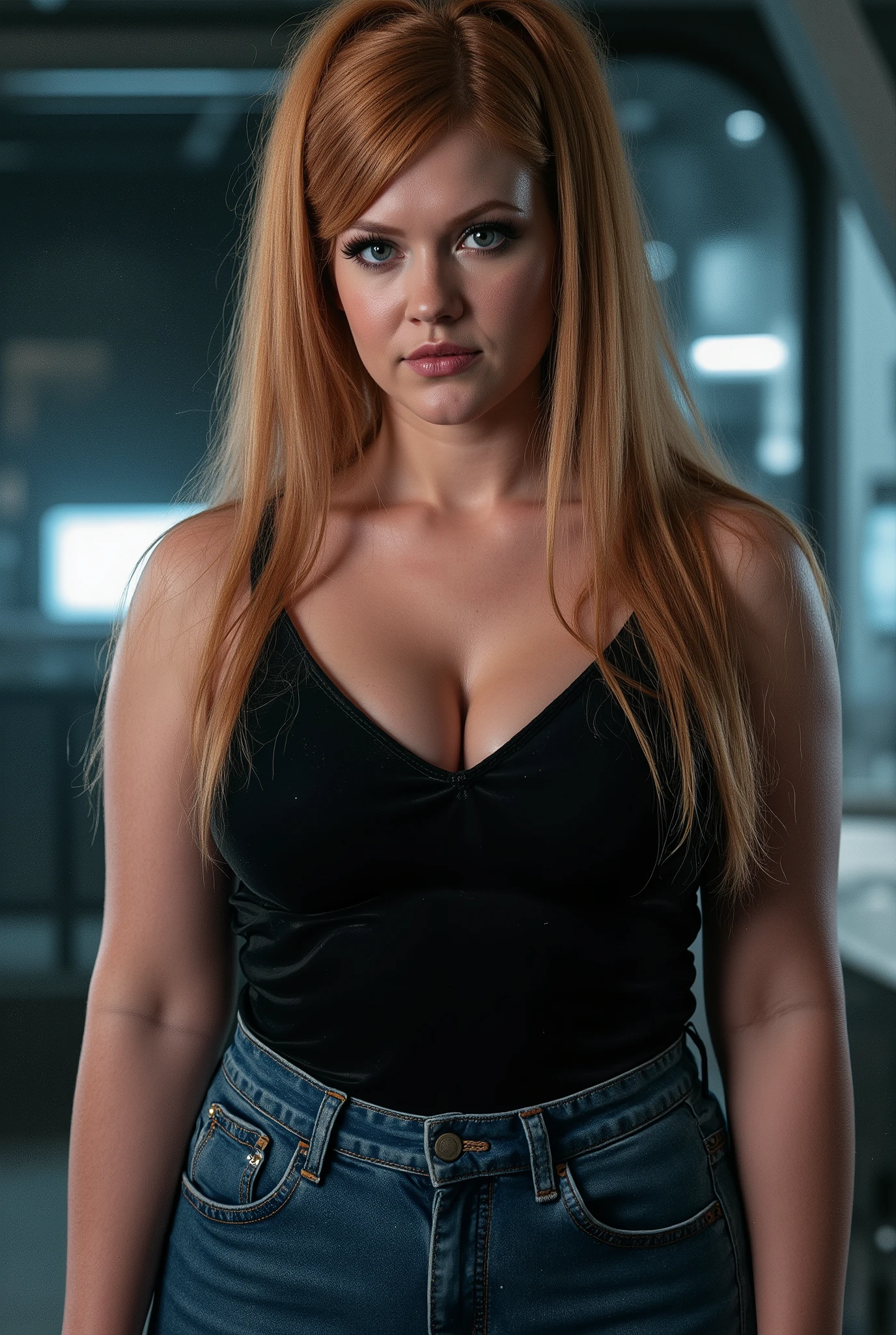 Striking photoreal portrait of a supremely authoritative woman with curves that demand immediate respect, exuding such overwhelming superiority that the air around her seems charged with her dominance. Her straight strawberry-blonde hair falls with flawless precision past her  in a severe deep side part, one section deliberately tucked behind her ear to fully reveal her face of absolute command. Her eyes are cold, calculating and utterly imperious, enhanced by perfect black eyeliner and mascara, regarding the viewer with the detached interest of someone evaluating a possession. One perfectly sculpted eyebrow arched impossibly high in undisguised superiority. Her lips set in an expression that expects immediate obedience without question. Wearing a tight black tank top that constrains her commanding curves and blue jeans that hug her dominant figure. Her posture in her futuristic bedroom is that of someone who knows they are the absolute authority, shoulders back, chin elevated, looking down at the viewer from a position of complete control. Harsh side lighting carves dramatic shadows across her features, accentuating her expression of pure superiority. Ultra-detailed rendering capturing every nuance of her commanding presence, professional photography, perfect focus