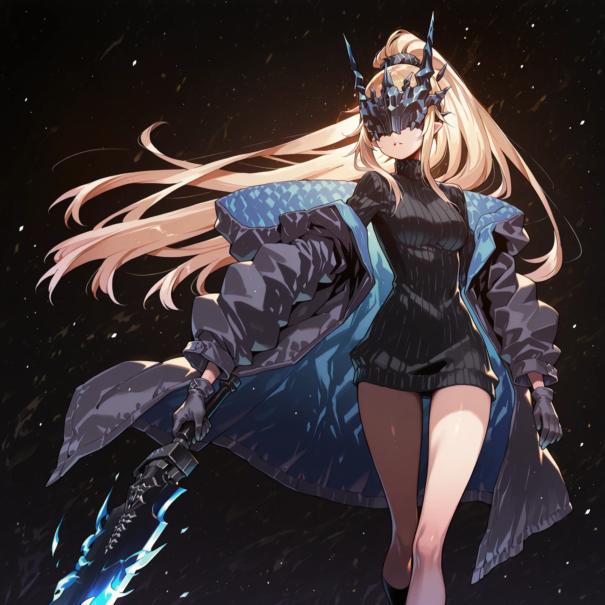 Alone, 1 girl, solitary female character, a young teenager about 1.5 meters tall. She stands alone against a deep black background, making her stand out vividly. Her physique and height are exactly like Terakomari Gandesblood from The Vexations of a Shut-In Vampire Princess.
She has long, blonde hair, similar to Sylpha Langlis (but blonde). Her hair is styled in a Shikei style and tied in a very long ponytail.
Clothing:
Her eyes are completely hidden behind a black mask with the same design as the Frost Queen’s mask from Return of the Frozen Player. A black mask identical to the Frost Queen’s mask from Return of the Frozen Player. A black mask identical to the Frost Queen’s mask from Return of the Frozen Player. The mask covers the eyes.
She wears a black turtleneck sweater that extends halfway down her thighs. Her thighs and legs are exposed. The most important feature is her black coat with blue accents—identical in every detail to Amiya’s coat from Arknights: the same fabric, cut, blue highlights, length, hood design, zippers, and proportions. The coat fits perfectly, without slipping down the shoulders and arms.. Gloves like Amiya's from Arknights
Pose and Expression:
Black background, sensual pose, wide , , slim waist, petite body. She is a young woman conjuring a large blue flame in one hand while holding an immense black greatsword with a blue blade in the other. The enormous sword appears to be made of stone, with several cracks along its wide, heavy blade, from which condensed energy radiates. The energy visibly flows from the cracks in the massive sword. The blade is blue. The blade is blue. The blade is blue.The blade is blue. She is a young woman conjuring a large blue flame in one hand
Atmosphere and Style:
Youthful energy. Ultra-detailed, sharp, clean anime style. Deep black background with cinematic lighting emphasizing her short stature and powerful aura. Perfect image, perfect face, perfect eyes, hair is styled in a Shikei style.