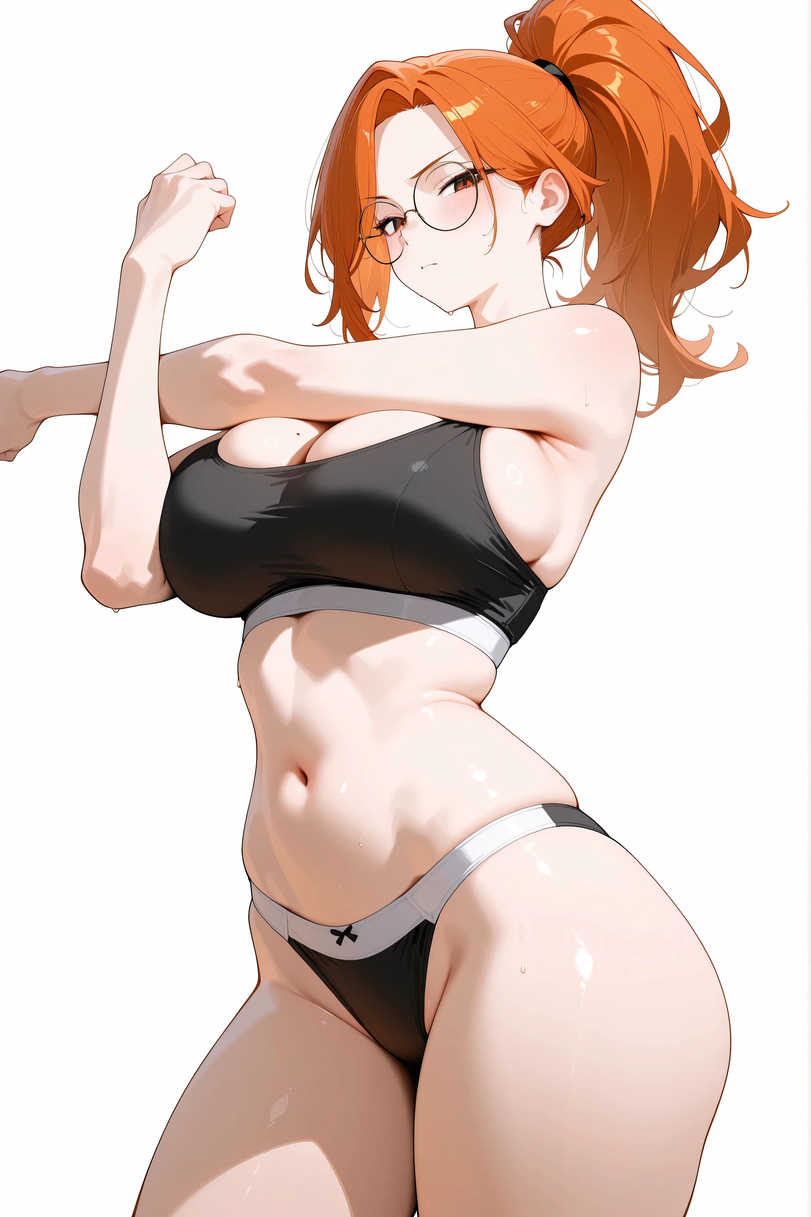 （（（masterpiece、Highest image quality、highest quality、highly detailed unity 8ｋwallpaper）））、（（Illustration of one girl））、（（（beautiful girl）））、（（orange hair、side ponytail、sidelocks：1.3、orange eyes））、（（（stocky build：1.2, thickset physique：1.3, muscular legs, broad shoulders：1.3, solid ?????：1.2）））、swimsuit、sandy beach