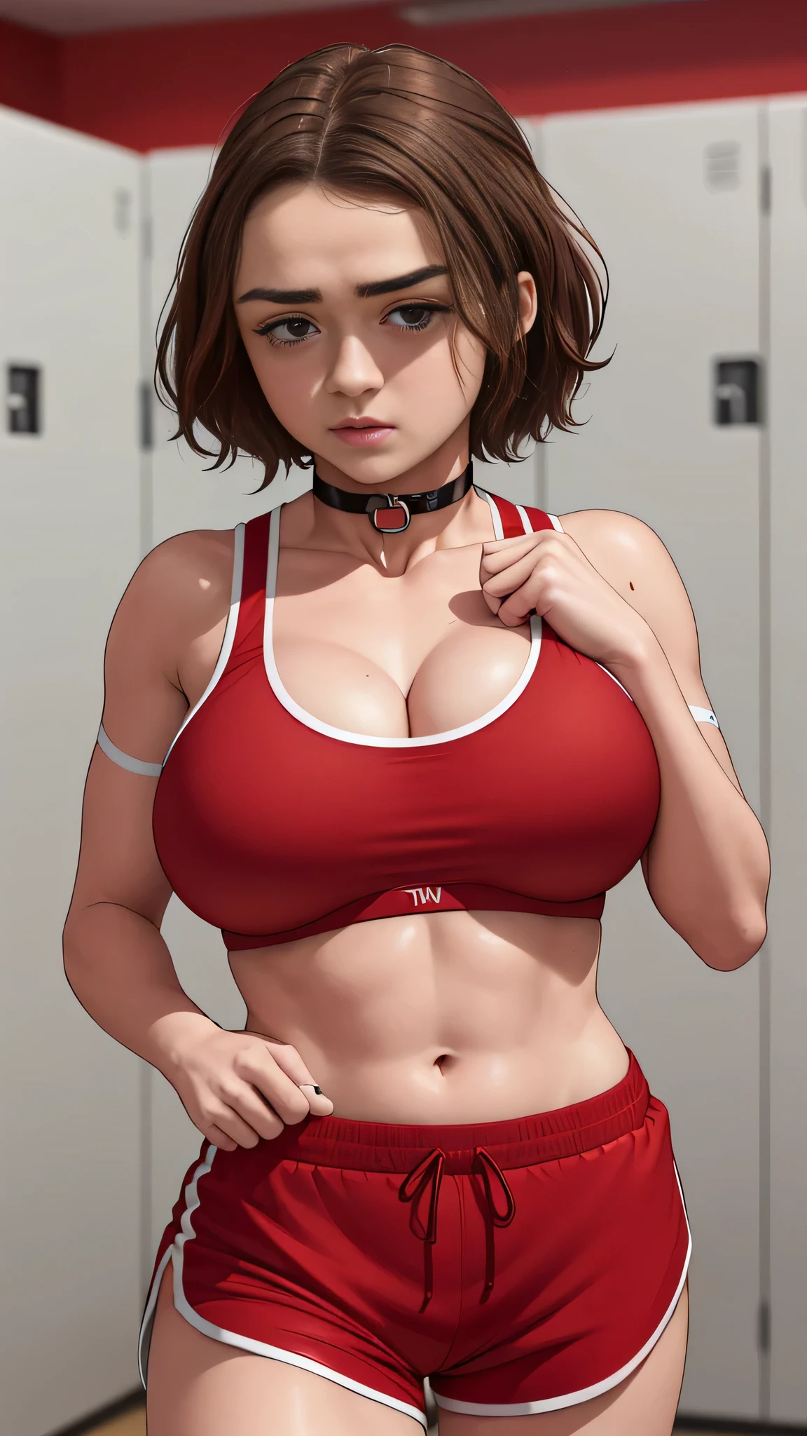 Maisie Williams, (Maisie Williams:1.5), masterpiece quality, (masterpiece quality:1.3), realistic, (realistic:1.5), detailed, 1girl, solo, (solo:1.9), brown hair, (brown hair:1.5), bobbed hair, (bobbed hair:1.5), in a gym locker room, (in a gym locker room:1.5), wearing red sports bra, (wearing red sports bra:1.5) midriff, (midriff:1.5), wearing red gym shorts, (wearing red gym shorts:1.5), wearing choker collar, (wearing choker collar:1.5), thin body, big breasts, (big breasts:1.5),