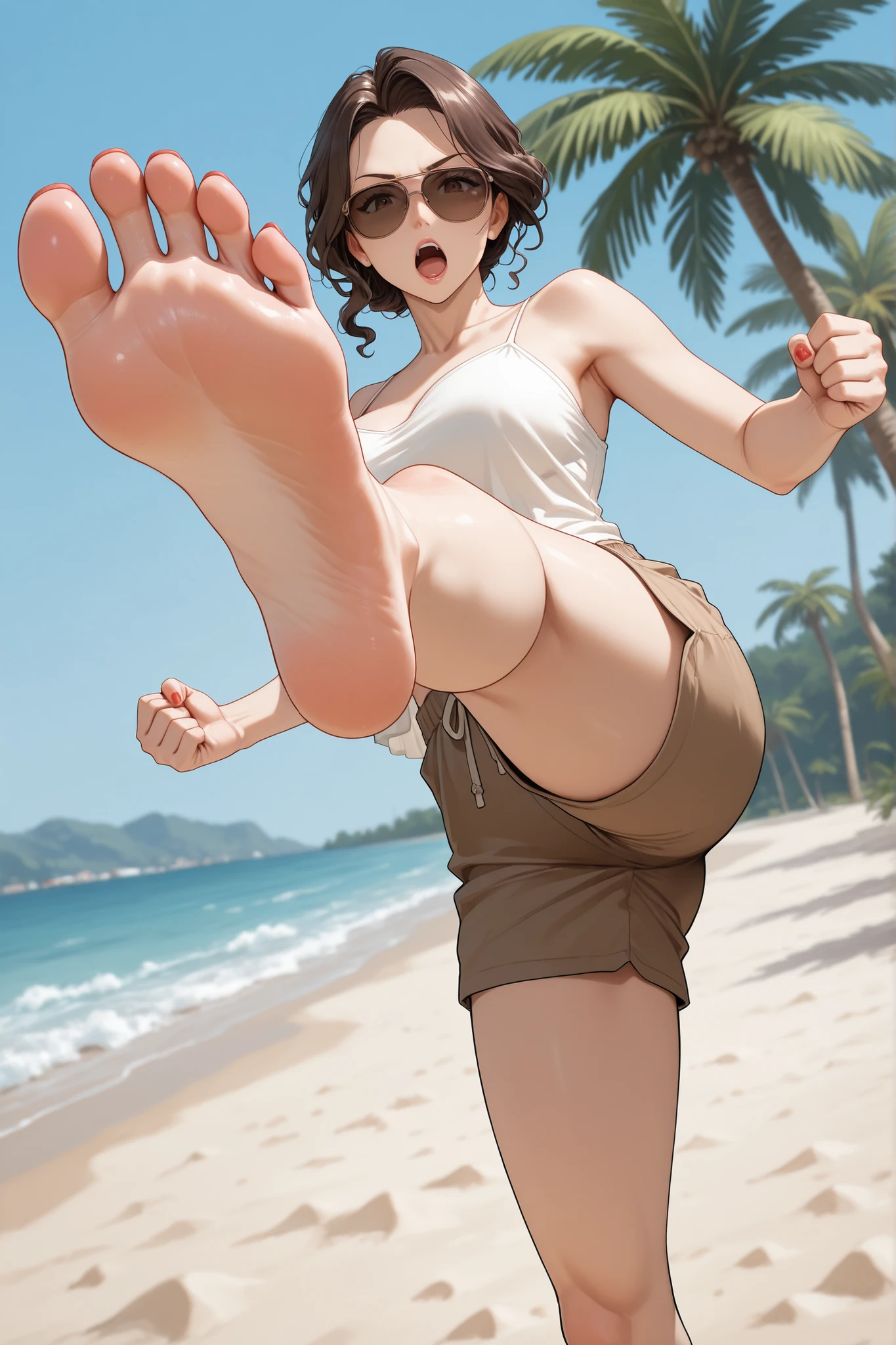 (masterpiece, best quality:1.2), (1girl, solo), (High quality:1.4), (High detailed:1.2), Sakimi-chan, a european girl with 18 years old, (mini-shorts, crop top open underboob), ((medium breasts)), (beach scene), (()),