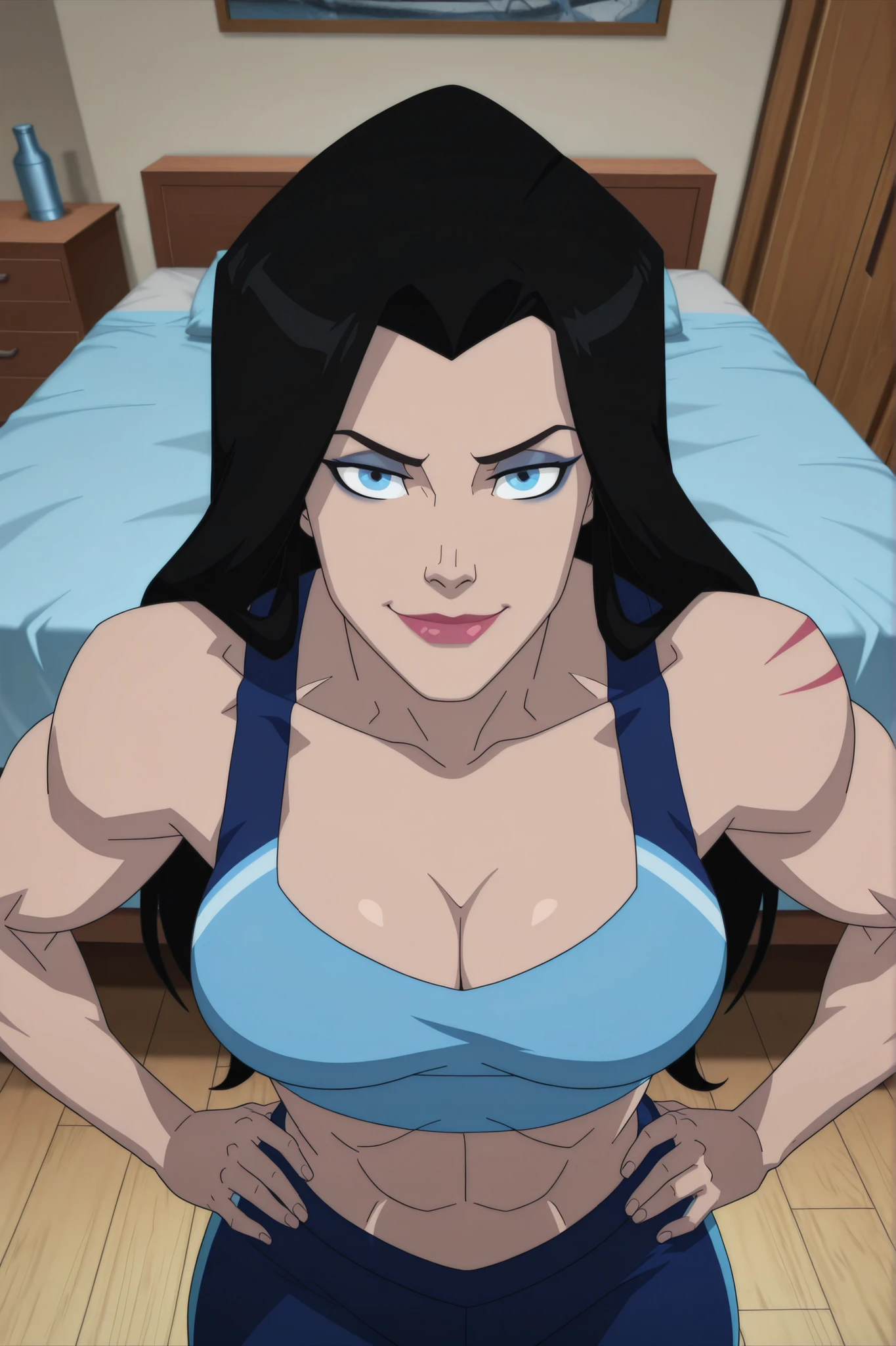 BREAK, score_6_up, score_7_up, score_8_up, score_9, 1girl, solo, long hair, blue eyes, black hair, bare shoulders, blue eyes, muscular female, midriff, bare shoulders, lipstick, makeup, wwBl00d, large breasts, busty, cleavage, curvy, athletic, looking at viewer, seducing viewer, teasing viewer, seductive expression, smiling, closed mouth, bedroom eyes, blue sports bra, blue jogging pants, indoors, bedroom, standing, closeup, portrait, upper body, high-angle view, blue eyeshadow, black eyeliner, hands on waist