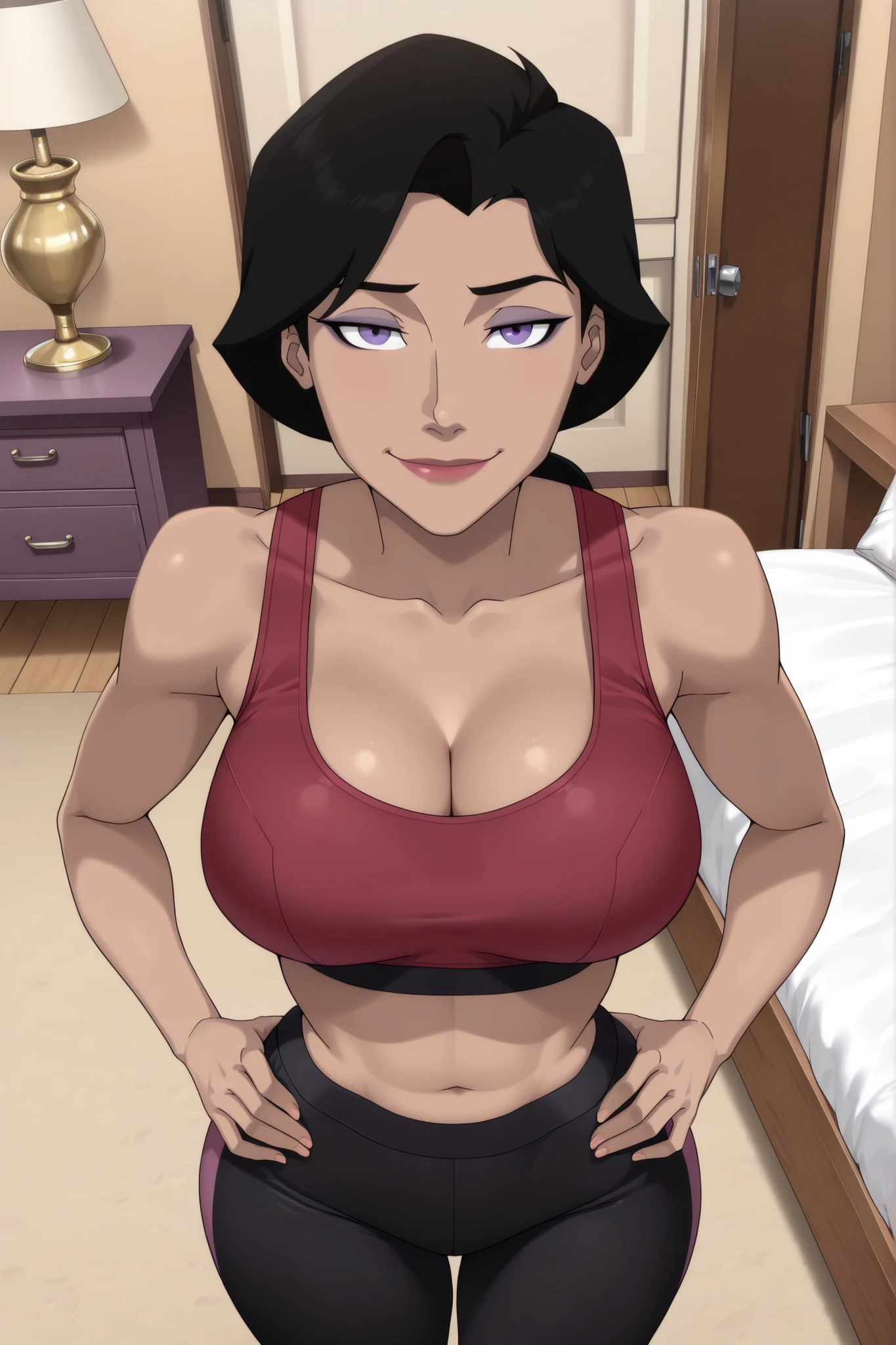 ((parody), perfect anatomy, perfect eyes) BREAK lois lane, black hair, ponytail, purple eyes, lipstick, makeup, ((looking at viewer)), large breasts, busty, cleavage, curvy, athletic, red sports bra, black jogging pants, teasing viewer, seducing viewer, bedroom, indoors, standing, closeup, portrait, smiling, closed mouth, seductive expression, bedroom eyes, upper body, portrait, closeup, high-angle view, dark purple eyeshadow, black eyeliner, hands on waist