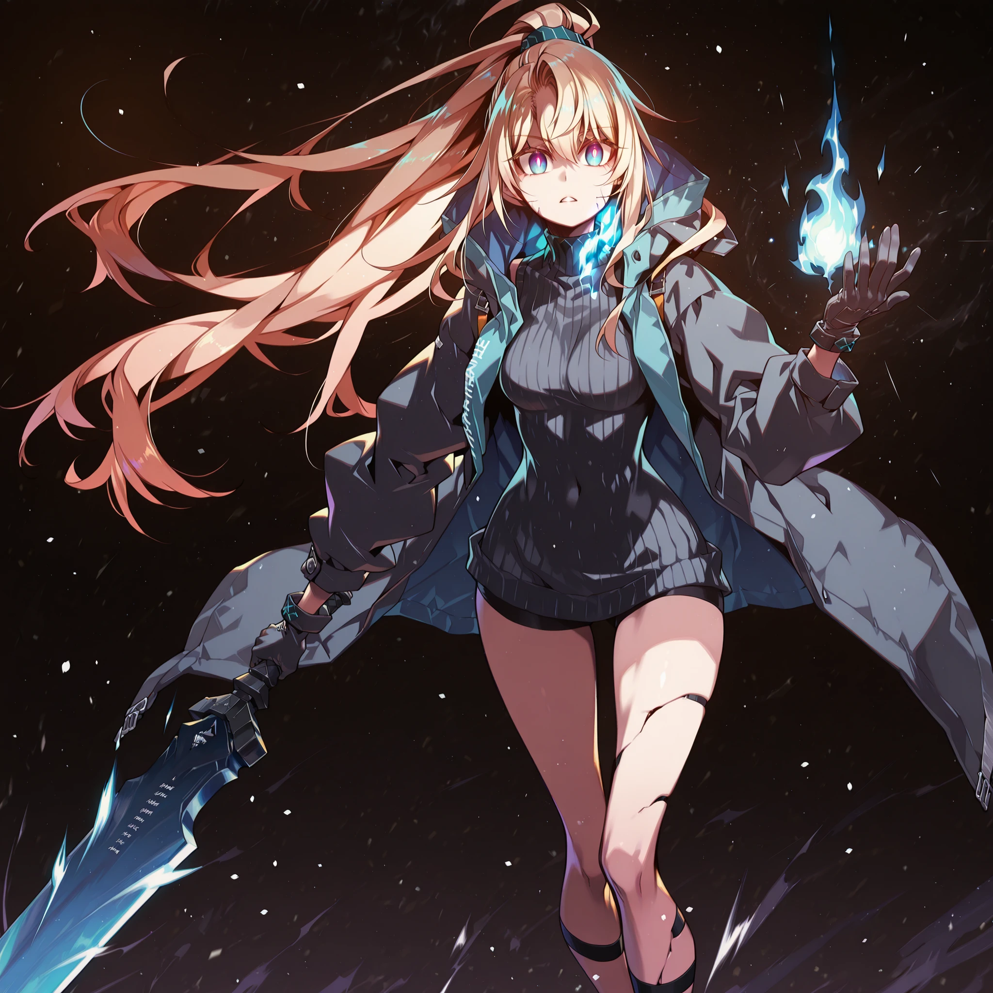 Alone, 1 girl, solitary female character, a young teenager about 1.5 meters tall. She stands alone against a deep black background, making her stand out vividly. Her physique and height are exactly like Terakomari Gandesblood from The Vexations of a Shut-In Vampire Princess.
She has long, blonde hair, similar to Sylpha Langlis (but blonde). Her hair is styled in a Shikei style and tied in a very long ponytail.
Clothing:
Her eyes are visible and bright blue, shining clearly toward the viewer. Her eyes are bright blue, clearly exposed. Her eyes are bright blue, clearly exposed. Her blue eyes are fully visible.
She wears a black turtleneck sweater that extends halfway down her thighs. Her thighs and legs are exposed. The most important feature is her black coat with blue accents—identical in every detail to Amiya’s coat from Arknights: same fabric, cut, blue highlights, length, hood design, zippers, proportions. Coat fits perfectly, no slipping. Gloves like Amiya's from Arknights
Pose and Expression:
Black background, sensual stance, wide , , slim waist, petite body. Dynamic motion pose: one leg forward, torso slightly twisted, coat and ponytail flowing. She conjures a large blue flame in one hand while holding an immense black greatsword with a glowing blue blade in the other. The colossal sword looks like stone, cracked, releasing energy from the fractures. The blade is blue. The blade is blue. The blade is blue. The blade is blue. She controls a bright blue flame in her free hand. She controls a bright blue flame in her free hand.
Atmosphere and Style:
Youthful energy. Ultra-detailed, sharp, clean anime style. Deep black background with cinematic lighting emphasizing her short stature and powerful aura. Perfect image, perfect face, perfect eyes, hair styled in Shikei style.