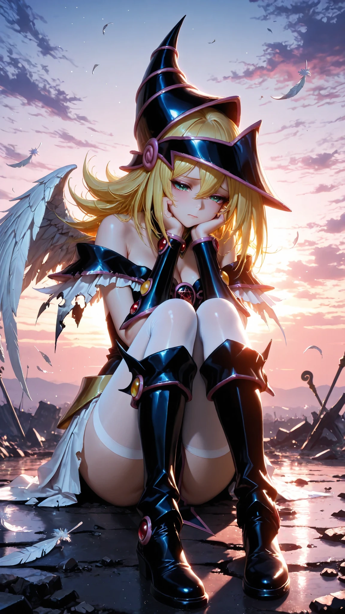 1girl, darck magician girl fallen angel,
sitting on the ground, close-up,
no wing, broken wing,
feathers scattered around,
black leather tops, white tights, boots,
dramatic lighting, sad expression,
twilight sky, cinematic atmosphere, ethereal mood, soft glow, fantasy illustration,
extremely detailed hair, shiny hair,masterpiece, newest, incredibly absurdres, best quality, amazing quality, very aesthetic, ultra-detailed, highly detailed,
32k, depth of field,