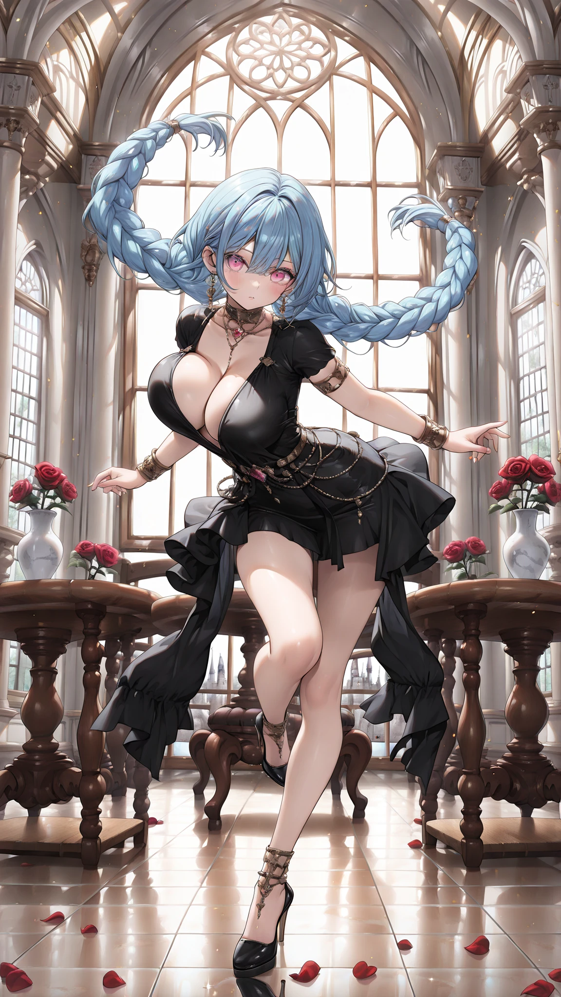 1 girl , twin braids , blue hair , big boobs , black dress , revealing dress , short dress , v neck , dtailed eyes, pink eyes , high heels , earring , braclet , ((full body)) , background castle , indoors , marble floor , wooden table , window , rose petals , vase with rose , dynamic pose , full body