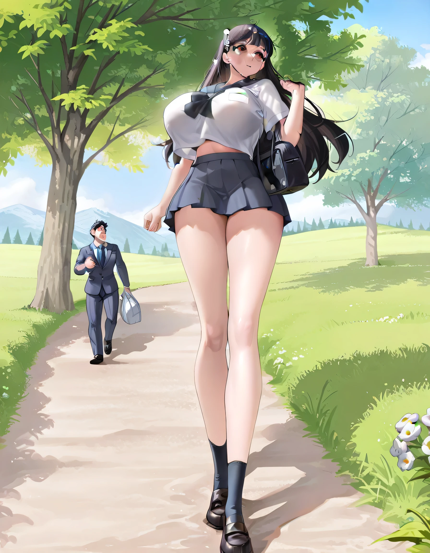 ((masterpiece)), ((highest quality)), teenage giantess girl and tall male, (the supertall girl has thin and too long legs :1.9), The supertall girl wears sailor suit with white blouse and dark blue pleated skirt, crop top overhang, a tall male wearing business suit, the supertall girl with brown eyes and black hair, the supertall girl's height is twice as tall as that of the tall male, full body, walking at the park, (the supertall girl's legs are longer than the height of the tall male: 1.3), the supertall girl's head is as small as the tall male's one, in spring, the supertall girl has Medium-length bob hair, (the supertall girl has huge breasts larger than her head: 1.5), (the supertall girl is wearing huge loafers:1.5), the supertall girl is wearing black socks, the supertall girl has a bag, the tall male also has a bag, the tall male is looking up at the supertall girl's skirt,
