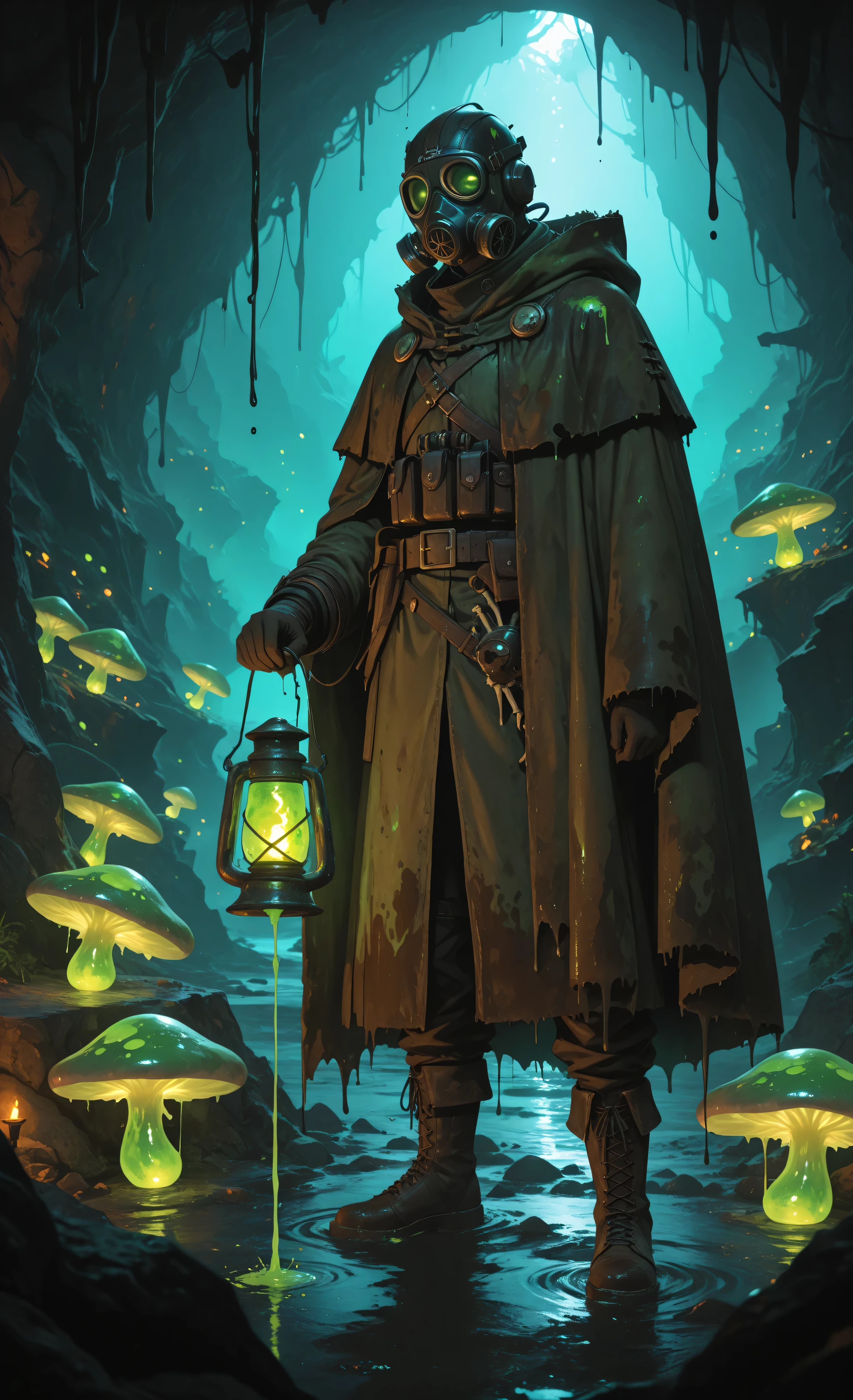 masterpiece, best quality, absurdres, 8k, dramatic lighting, cinematic shot, detailed face, 1man, grim face, covered in mud and slime, tattered cloak, gas mask, holding a rusty lantern, (dungeon explorer), (toxic environment), standing on a precarious stone in a vast underground cavern, surrounded by glowing green sludge, bioluminescent fungi, skeletal remains half-submerged, thick mist, dripping water, depth of field, hyperdetailed, Unreal Engine 5, octane render