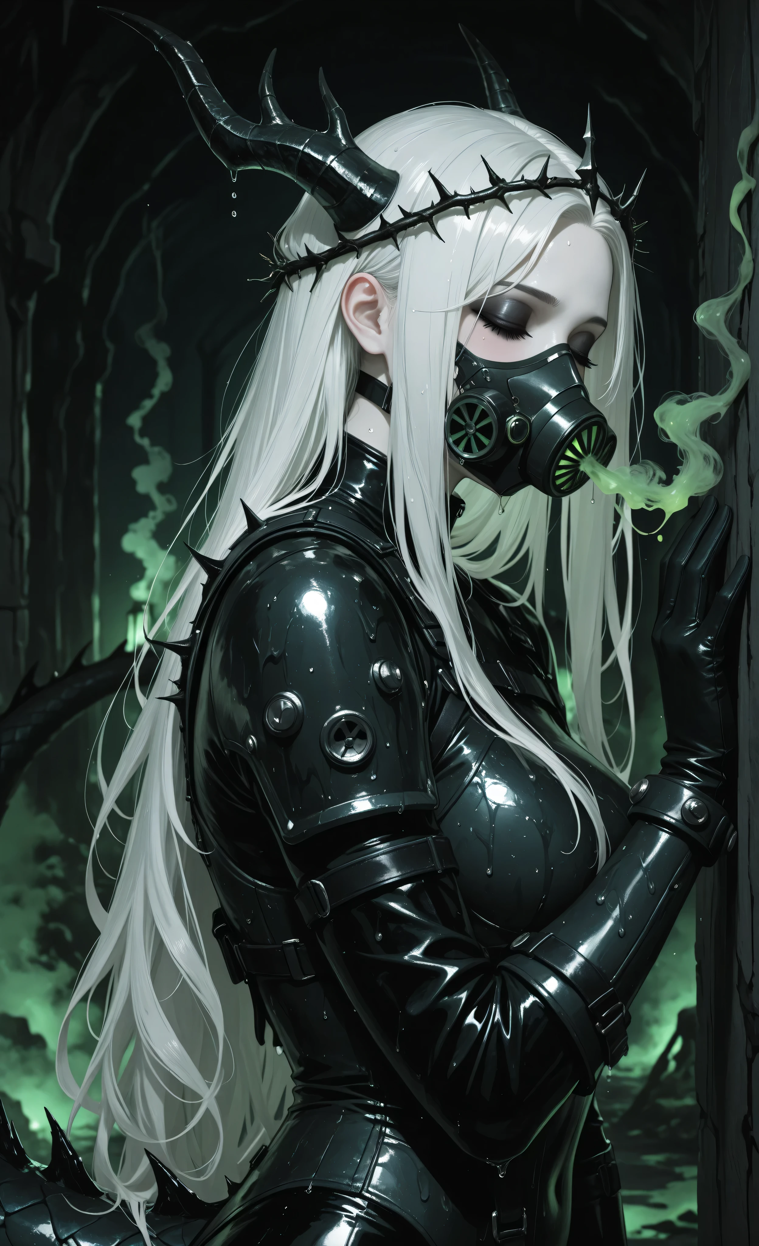 masterpiece, best quality, very aesthetic, absurdres, newest, dynamic lighting, high contrast, morimee_style, detailed face, dramatic lighting, 1girl, cute, mature, pale skin, white hair, long hair, closed eyes, black makeup, black lipstick, stylish respirator (no goggles), dragon horns, dragon tail, silver jewelry, crown of thorns, looking at viewer, close view, side view, tactical leather bodysuit, sturdy armor details, dark dungeon background, gloomy cave, swirling green smoke, sticky substances on walls, droplets of unknown liquid, night, blurred foreground, blurred background, depth of field.
In a sticky, dark underground dungeon, a serene 1girl with pale skin and long white hair stands with her eyes closed. A pair of intricate dragon horns curve from her head, and a powerful dragon tail is visible behind her. A stylish respirator covers her mouth and nose. Her face, with its black makeup and black lipstick, is a masterpiece of subtle, grim elegance. A sprig of white flowers is woven into her hair, and a red bloom rests delicately on her shoulder. In the background, a gloomy cave scene unfolds with swirling green smoke and sticky, wet walls. A crown of thorns encircles her head, a symbol of her fierce mystique and resilience amidst the decay.
