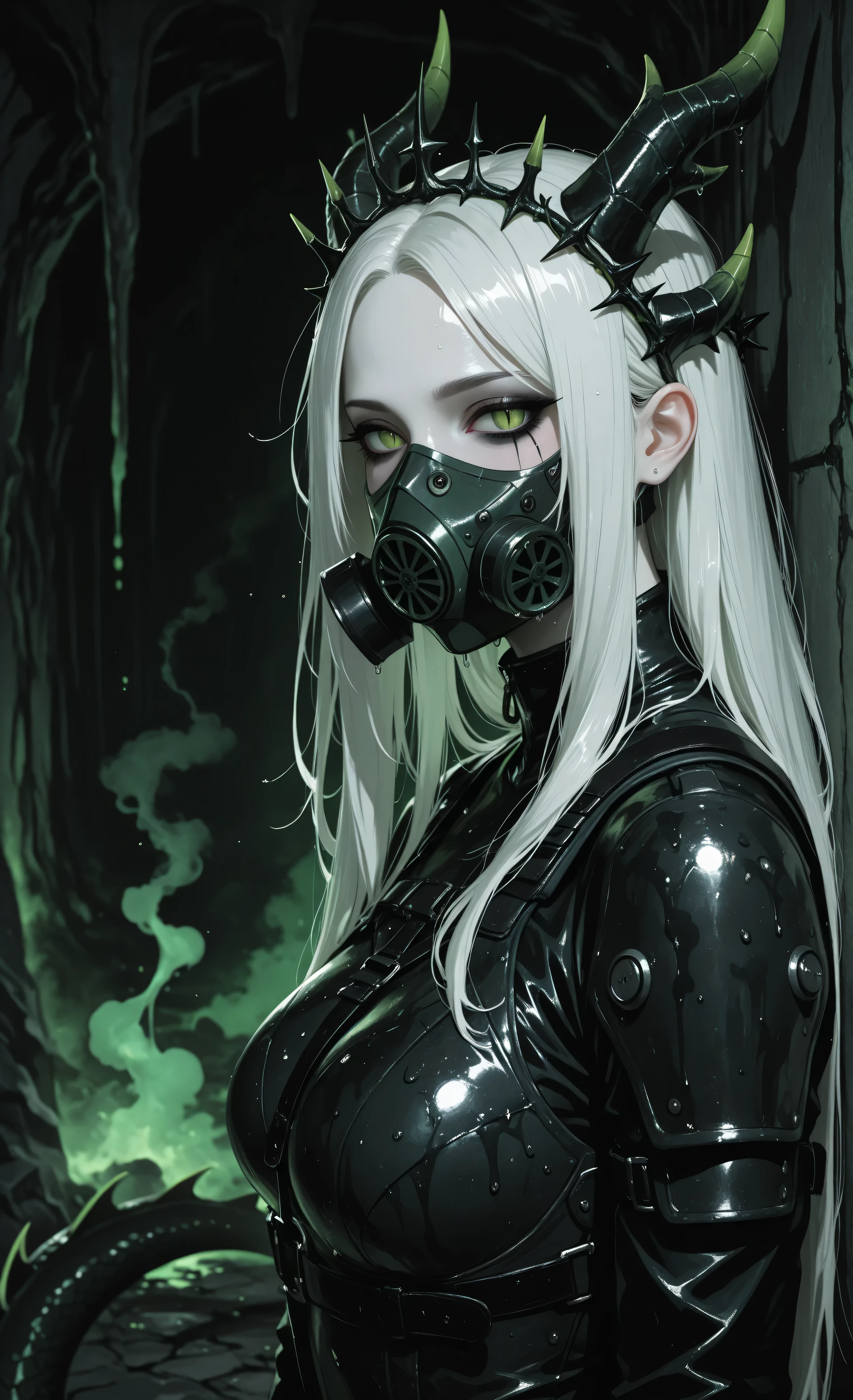 masterpiece, best quality, very aesthetic, absurdres, newest, dynamic lighting, high contrast, morimee_style, detailed face, dramatic lighting,
1girl, cute, mature, pale skin, white hair, long hair, green eyes, slit pupils, looking at viewer, black makeup, black lipstick, stylish respirator (no goggles), dragon horns, dragon tail, silver jewelry, crown of thorns, close view, side view,
tactical leather bodysuit, sturdy armor details,
dark dungeon background, gloomy cave, swirling green smoke, sticky substances on walls, droplets of unknown liquid, night, blurred foreground, blurred background, depth of field.
In a sticky, dark underground dungeon, a fierce 1girl with pale skin and long white hair stands, her eyes open and locked on the viewer. Her striking green eyes have distinctive draconic slit pupils. A pair of intricate dragon horns curve from her head, and a powerful dragon tail is visible behind her. A stylish respirator covers her mouth and nose. Her face, with its black makeup and black lipstick, is a masterpiece of subtle, grim elegance. A crown of thorns rests upon her head, its sharp points a stark contrast to her pale features. In the background, a gloomy cave scene unfolds with swirling green smoke and sticky, wet walls, creating an atmosphere of mysterious danger and resilience amidst the decay.