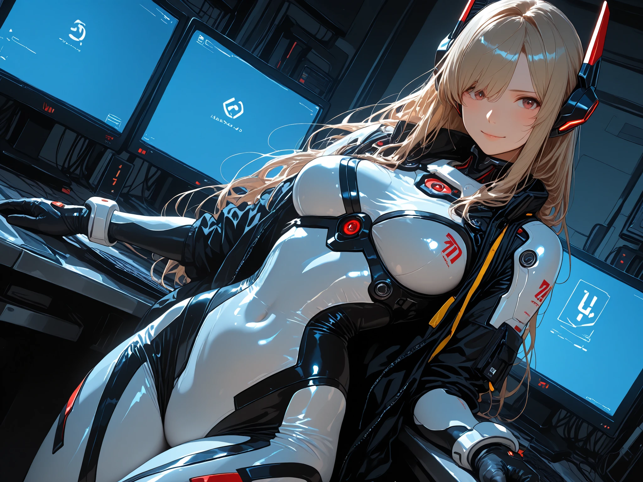 score_9, score_8_up, score_7_up, score_6_up, (masterpiece, Highest Quality, Advanced Details, 8k, 32K, 超high resolution:1.2), well-groomed face, (masterpiece), high resolution, cowboy shot, (from the front:1.5), Dutch Angle, 1 woman, cute face, hacker, dark, PC Monitor, headgear, Cybersuit,