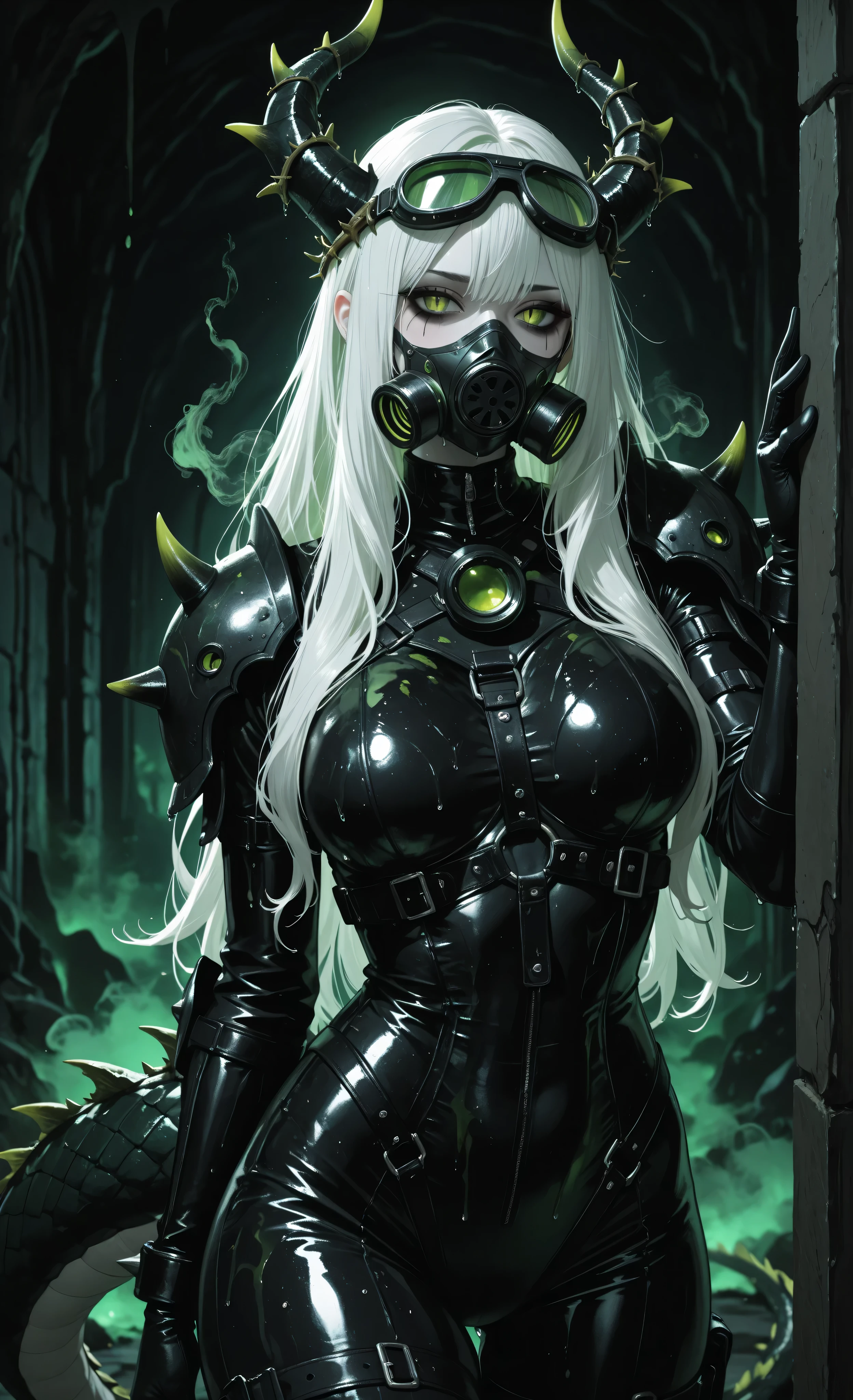 masterpiece, best quality, very aesthetic, absurdres, newest, dynamic lighting, high contrast, morimee_style, detailed face, dramatic lighting,
1girl, cute, mature, pale skin, white hair, long hair, green eyes, slit pupils, looking at viewer, black makeup, black lipstick, stylish respirator (no goggles), dragon horns, dragon tail, silver jewelry, crown of thorns, tactical leather bodysuit, sturdy armor details,
dark dungeon background, gloomy cave, swirling green smoke, sticky substances on walls, droplets of unknown liquid, night, blurred foreground, blurred background, depth of field.
In a sticky, dark underground dungeon, a fierce 1girl with pale skin and long white hair stands, her eyes open and locked on the viewer. Her striking green eyes have distinctive draconic slit pupils. A pair of intricate dragon horns curve from her head, and a powerful dragon tail is visible behind her. A stylish respirator covers her mouth and nose. Her face, with its black makeup and black lipstick, is a masterpiece of subtle, grim elegance. A crown of thorns rests upon her head, its sharp points a stark contrast to her pale complexion. In the background, a gloomy cave scene unfolds with swirling green smoke and sticky, wet walls, creating an atmosphere of mysterious danger and resilience.