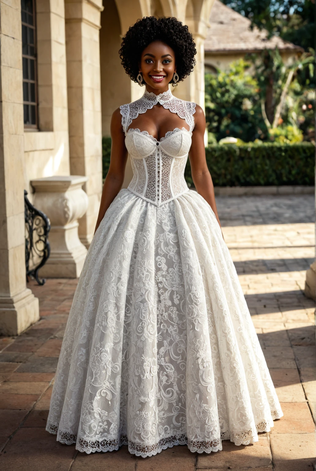 Evelyn Lozada modeling in a majestic, outdoor setting, adorned in a shimmering white satin bridal gown boasting a voluminous princess skirt, an elongated trail, a harmoniously fascinating veil, and an intricately laced and diamond-encrusted bodice with a bow. Victorian style wedding gown with lace, frills and ribbons. Elaborate victorian updo hairstyle. ribbon belt on waist, Crowning her head is a princess's tiara, while diamond earrings and necklace sparkle in contrast with the white satin of her elbow-length opera gloves, realistic, 4k, hd, detailed, perfect , perfect hands, perfect face 