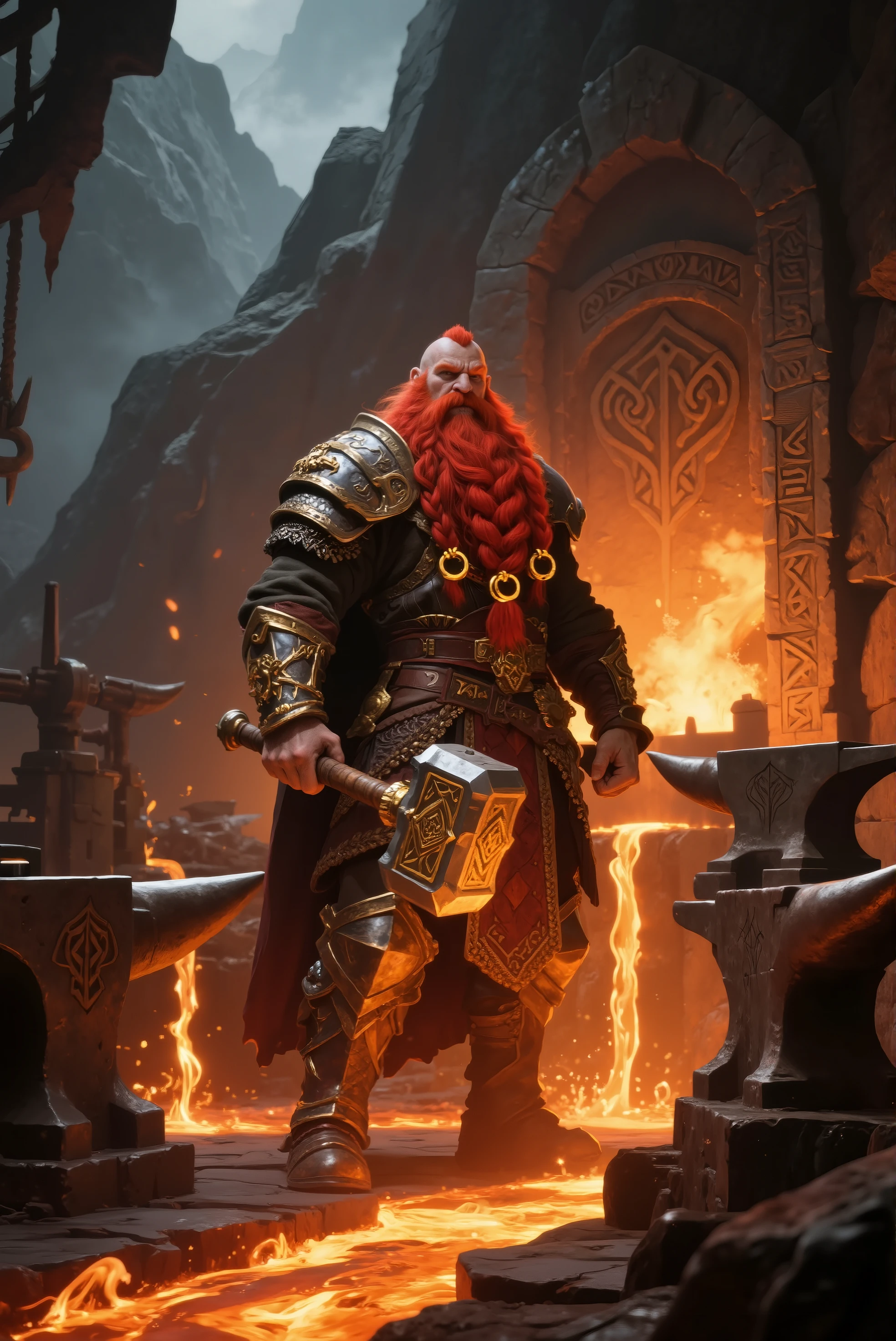 Gimli, feroz guerreiro, Lord of the Rings, Cartoon, estilo rpg, mago,Orange and Red Electric Lights Portions jars on bottom, Textura 3D,